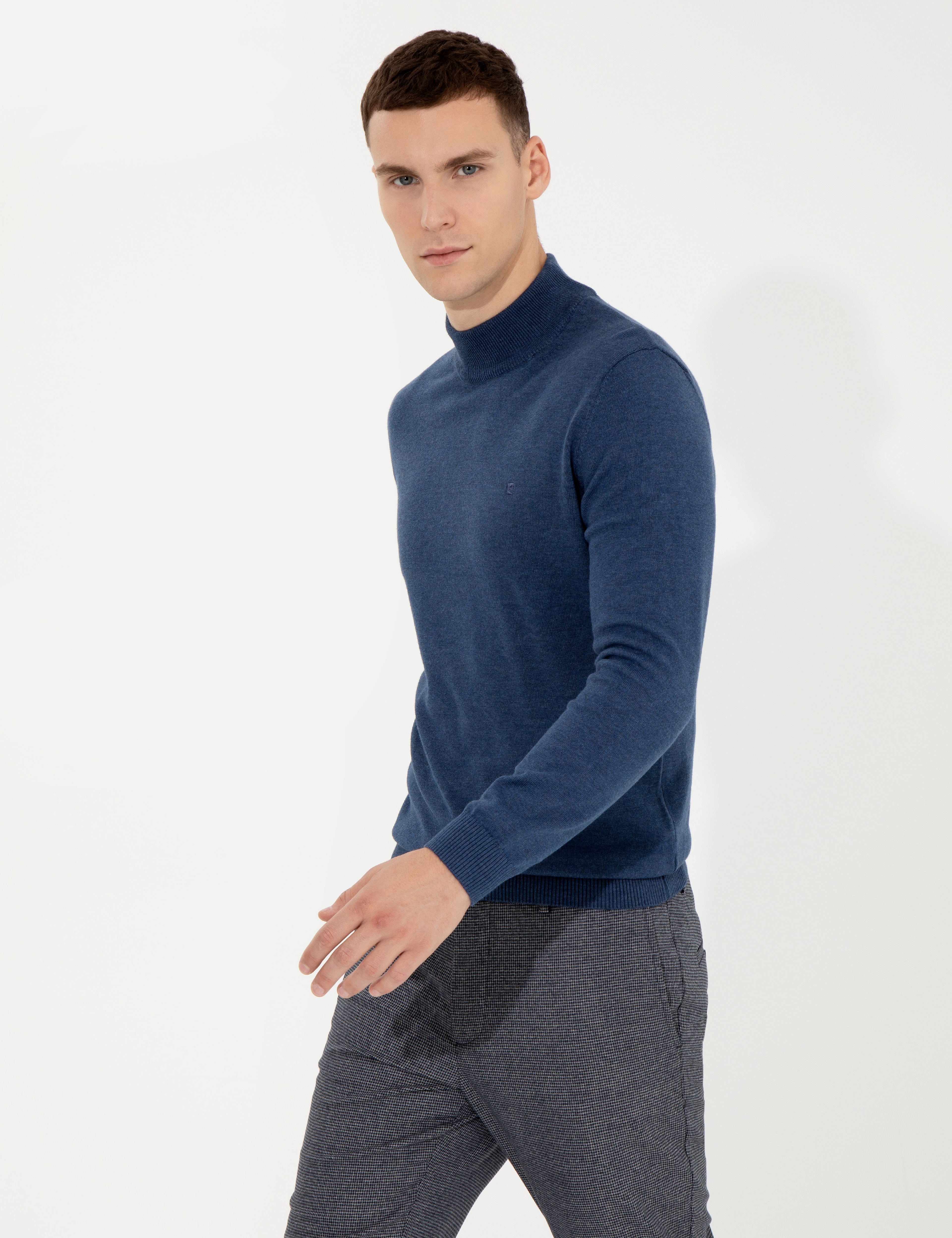 İndigo Melanj Slim Fit Yarım Balıkçı Yaka Basic Triko Kazak - Image 2