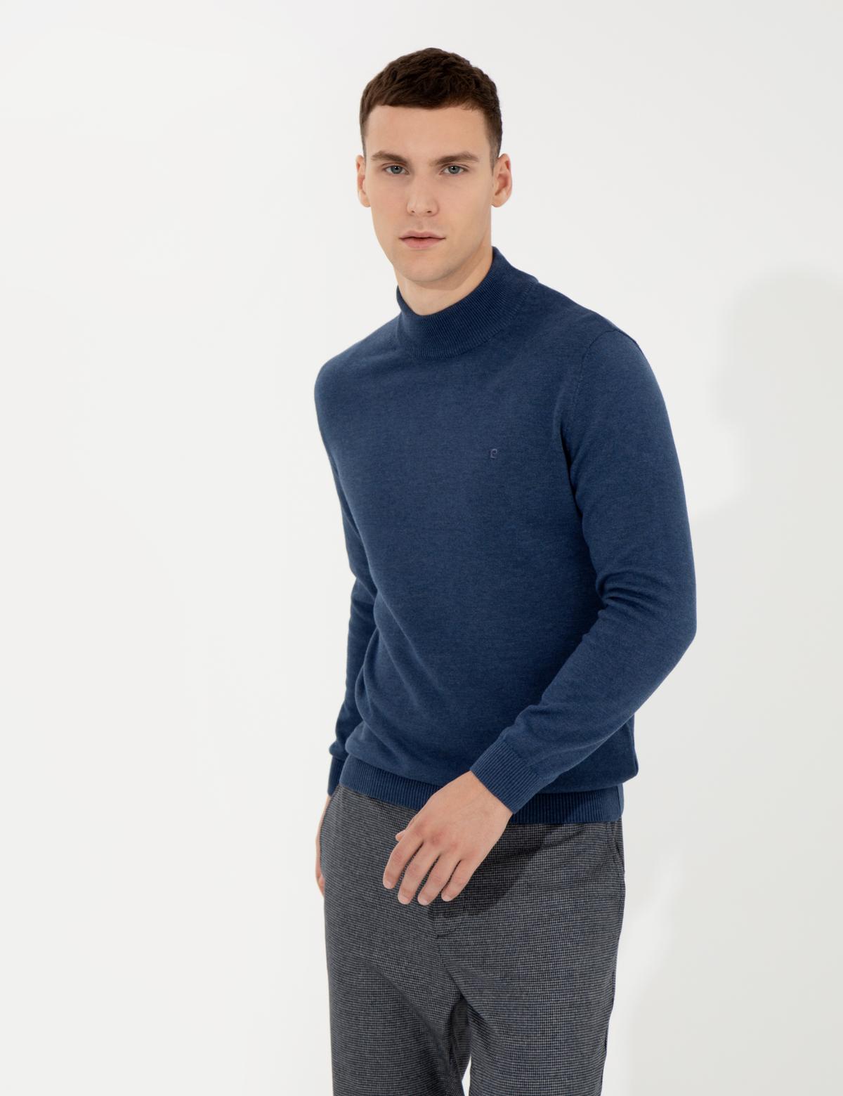 İndigo Melanj Slim Fit Yarım Balıkçı Yaka Basic Triko Kazak - 50256965086