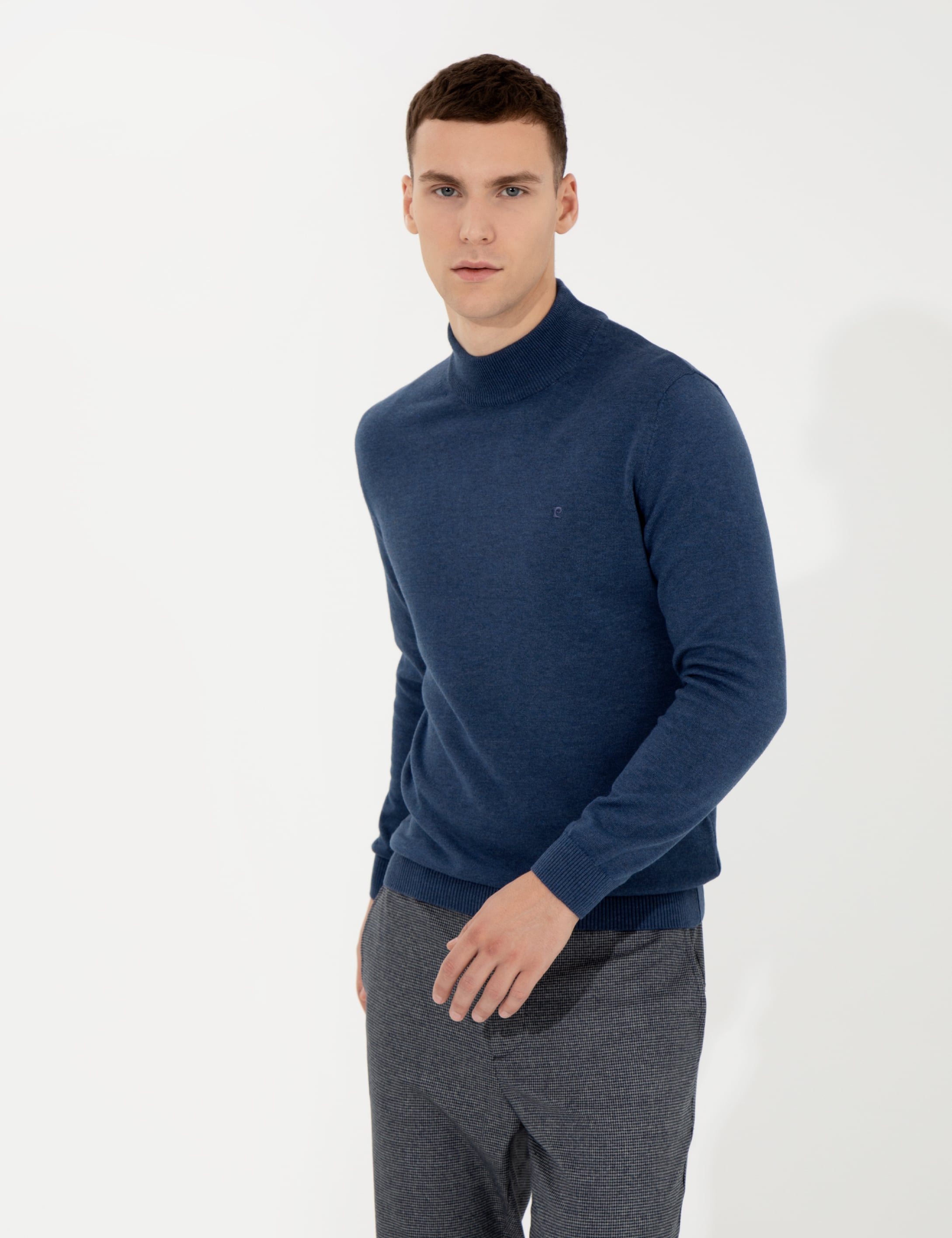 İndigo Melanj Slim Fit Yarım Balıkçı Yaka Basic Triko Kazak
