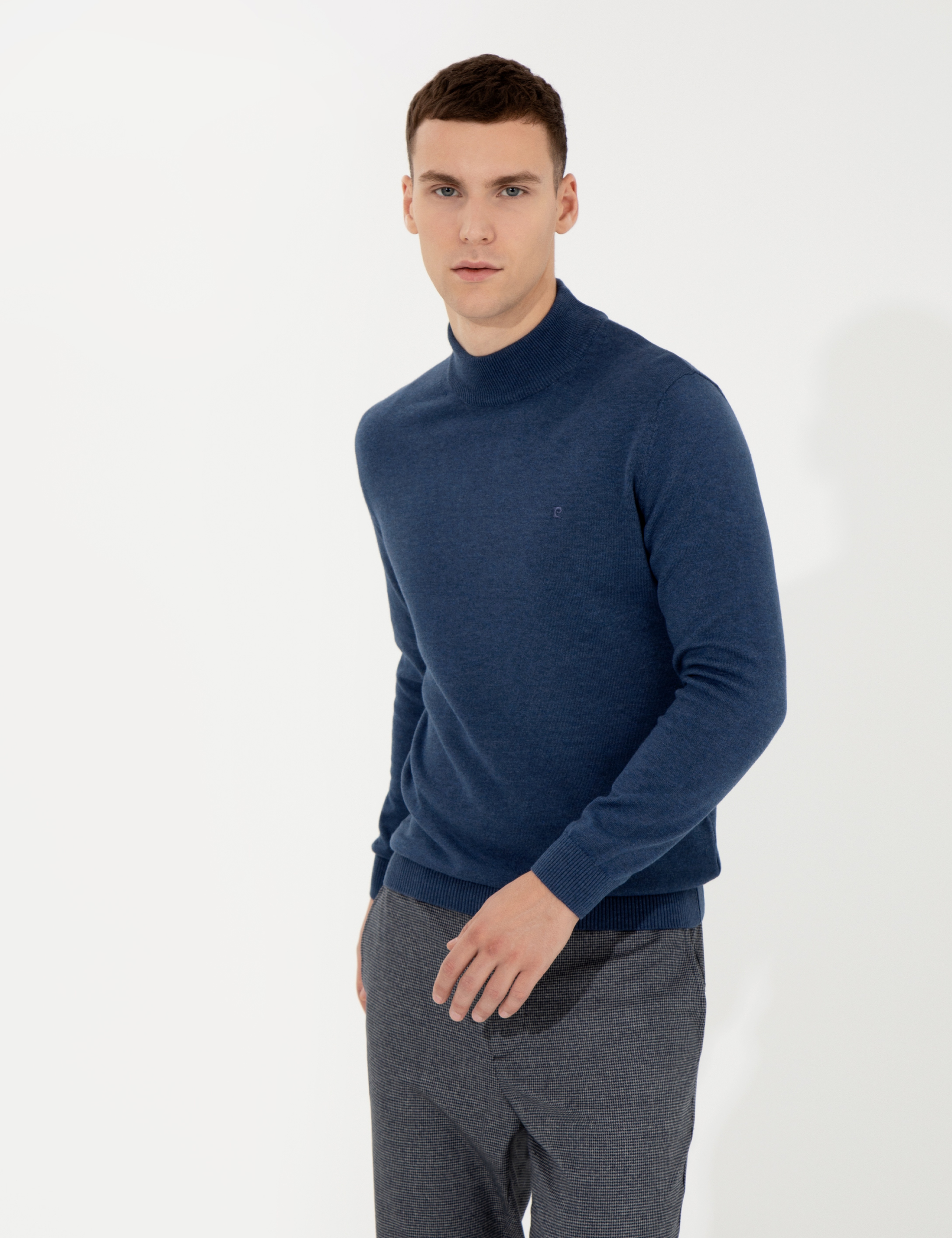 İndigo Melanj Slim Fit Yarım Balıkçı Yaka Basic Triko Kazak - Image 3