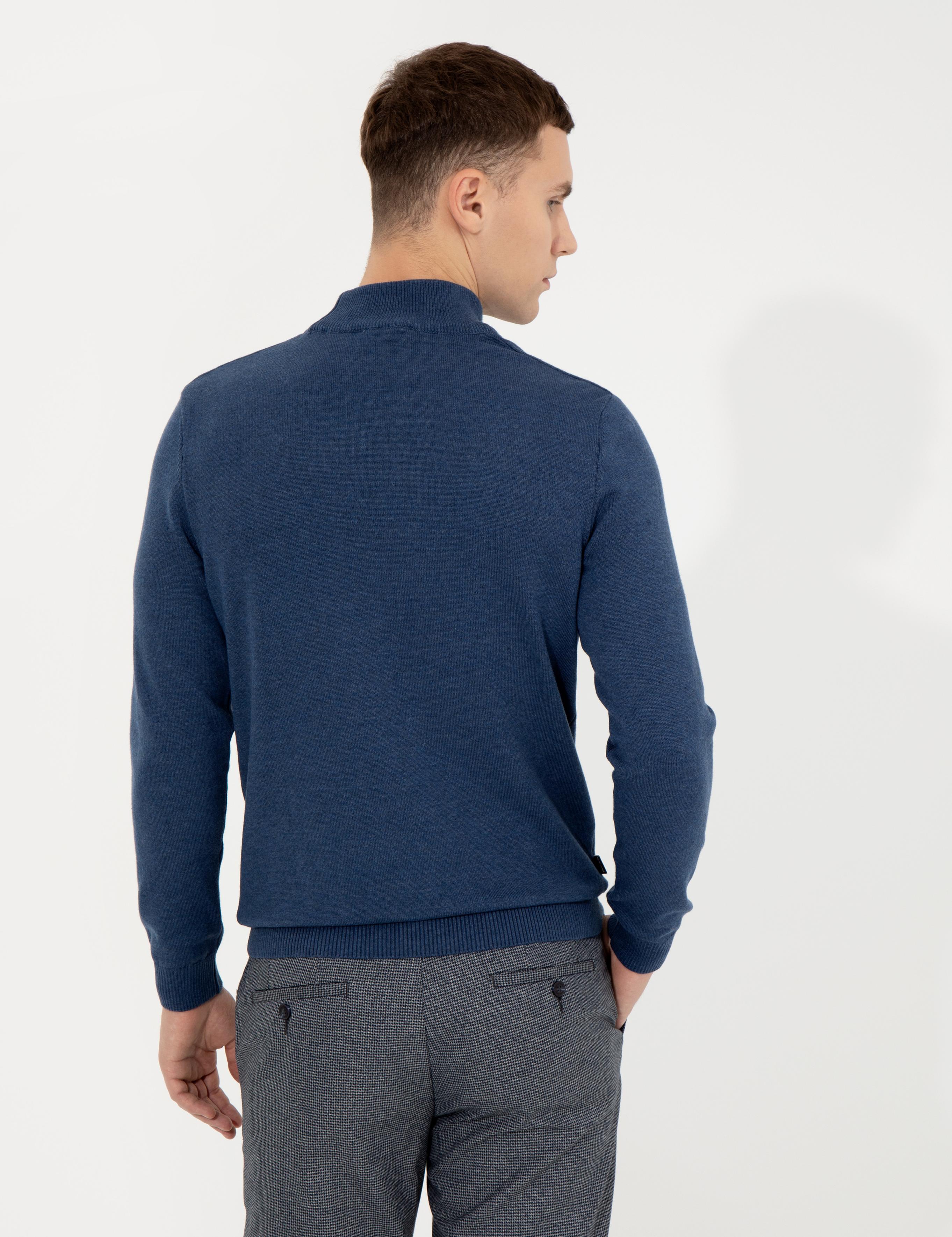 İndigo Melanj Slim Fit Yarım Balıkçı Yaka Basic Triko Kazak