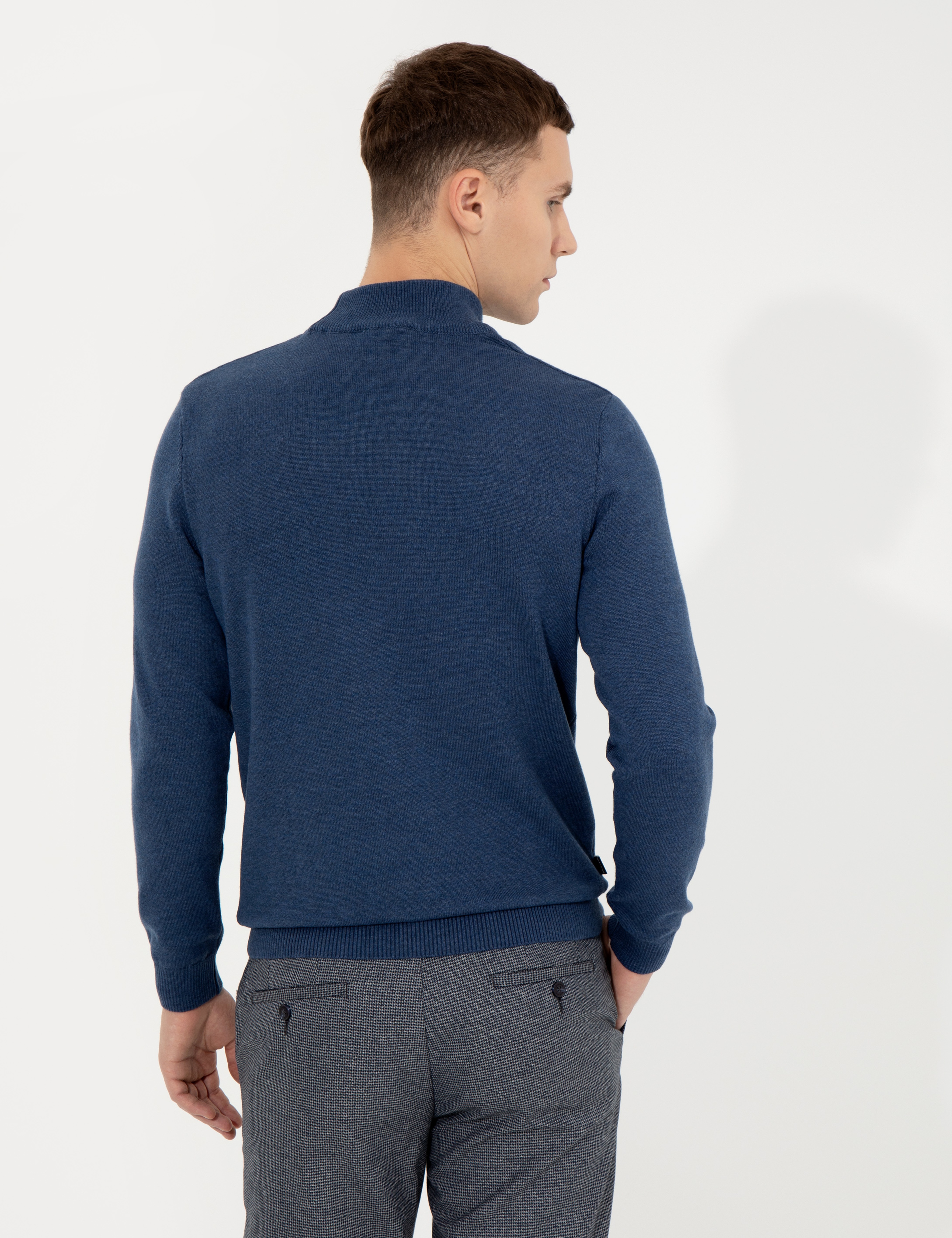 İndigo Melanj Slim Fit Yarım Balıkçı Yaka Basic Triko Kazak - Image 5