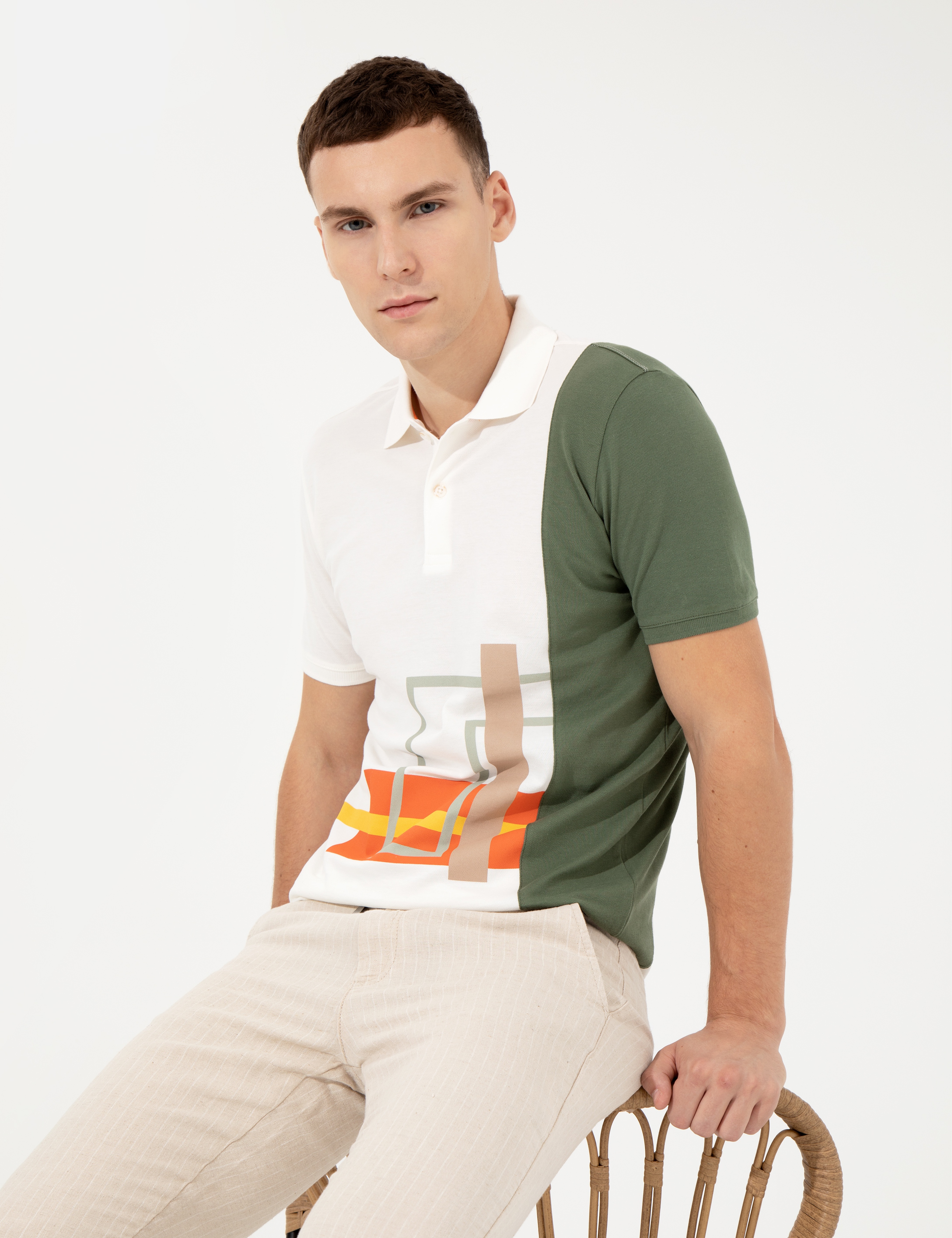 Haki Slim Baskılı Polo Yaka Tişört - Image 1