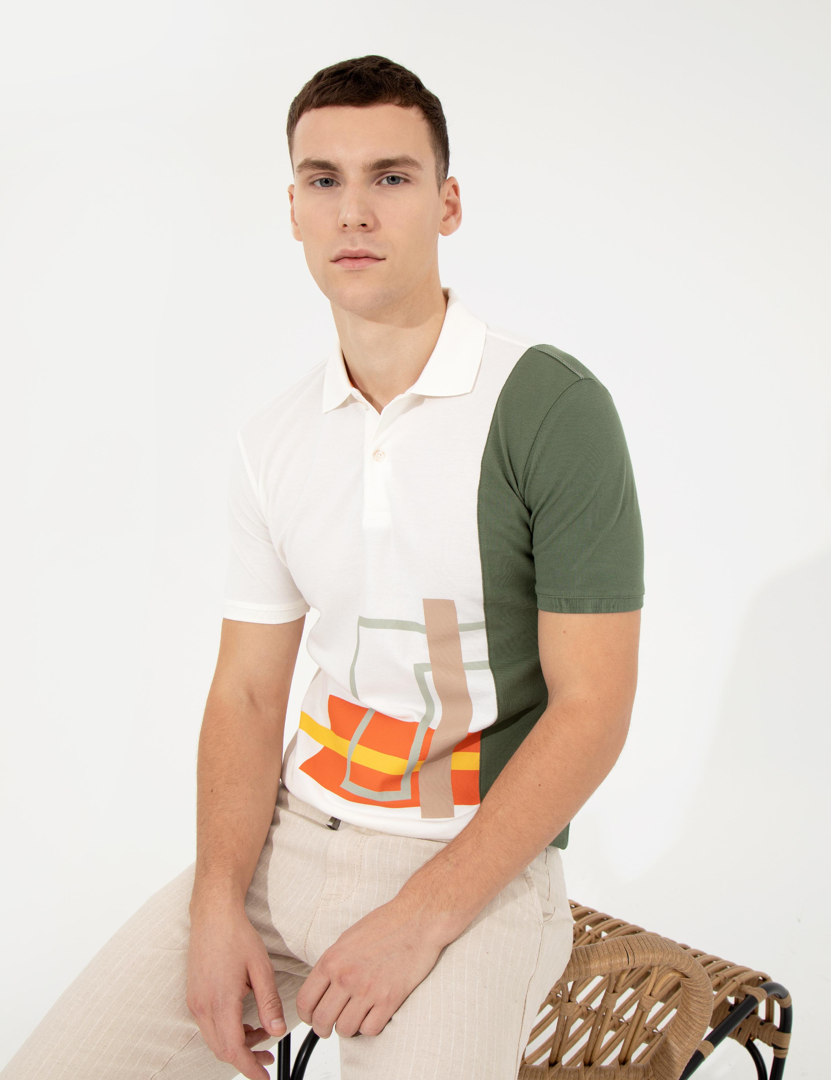 Haki Slim Baskılı Polo Yaka Tişört