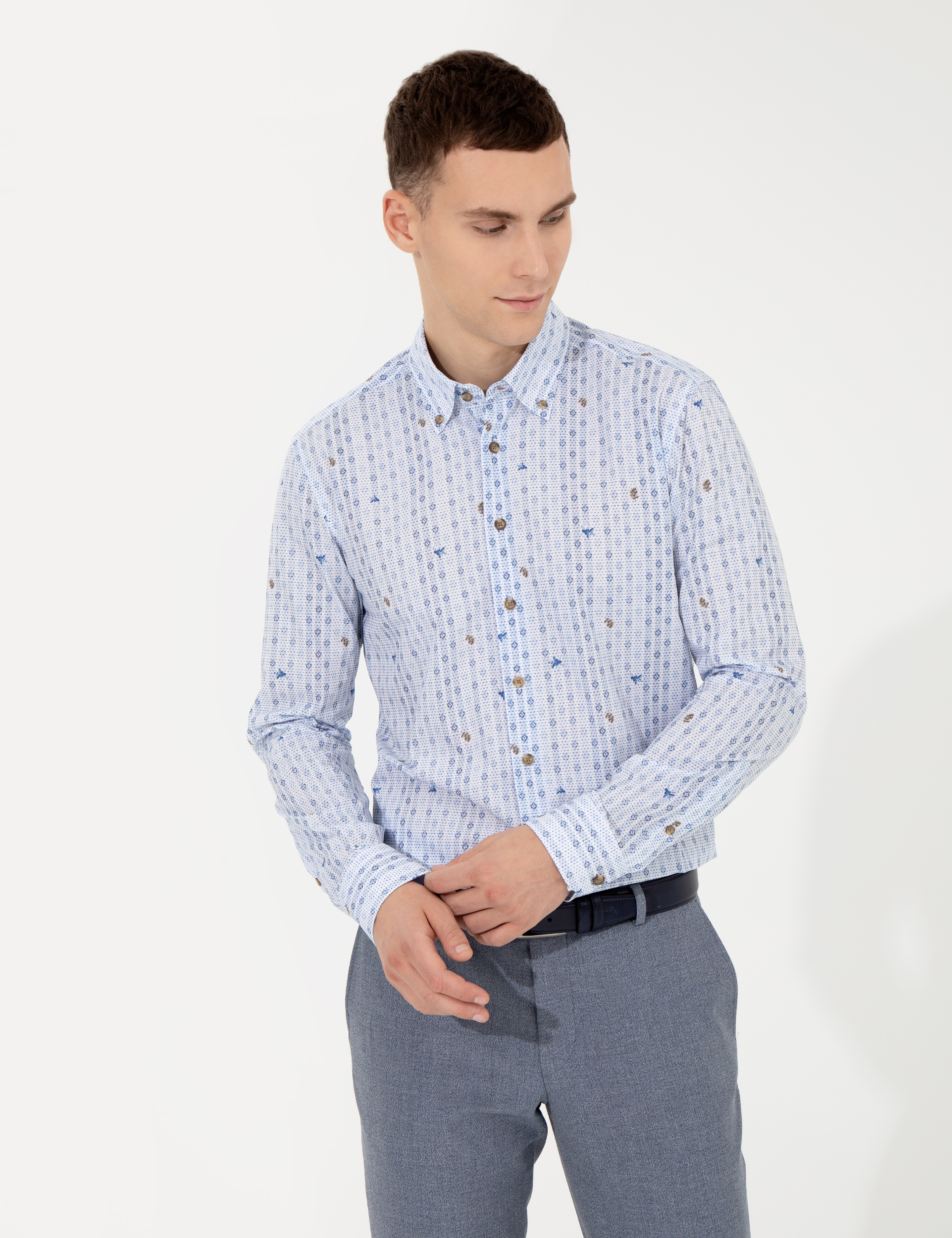Mavi Slim Fit Uzun Kollu Gömlek - Image 3