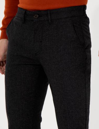 Siyah Slim Fit Keten Karışımlı Kanvas Pantolon