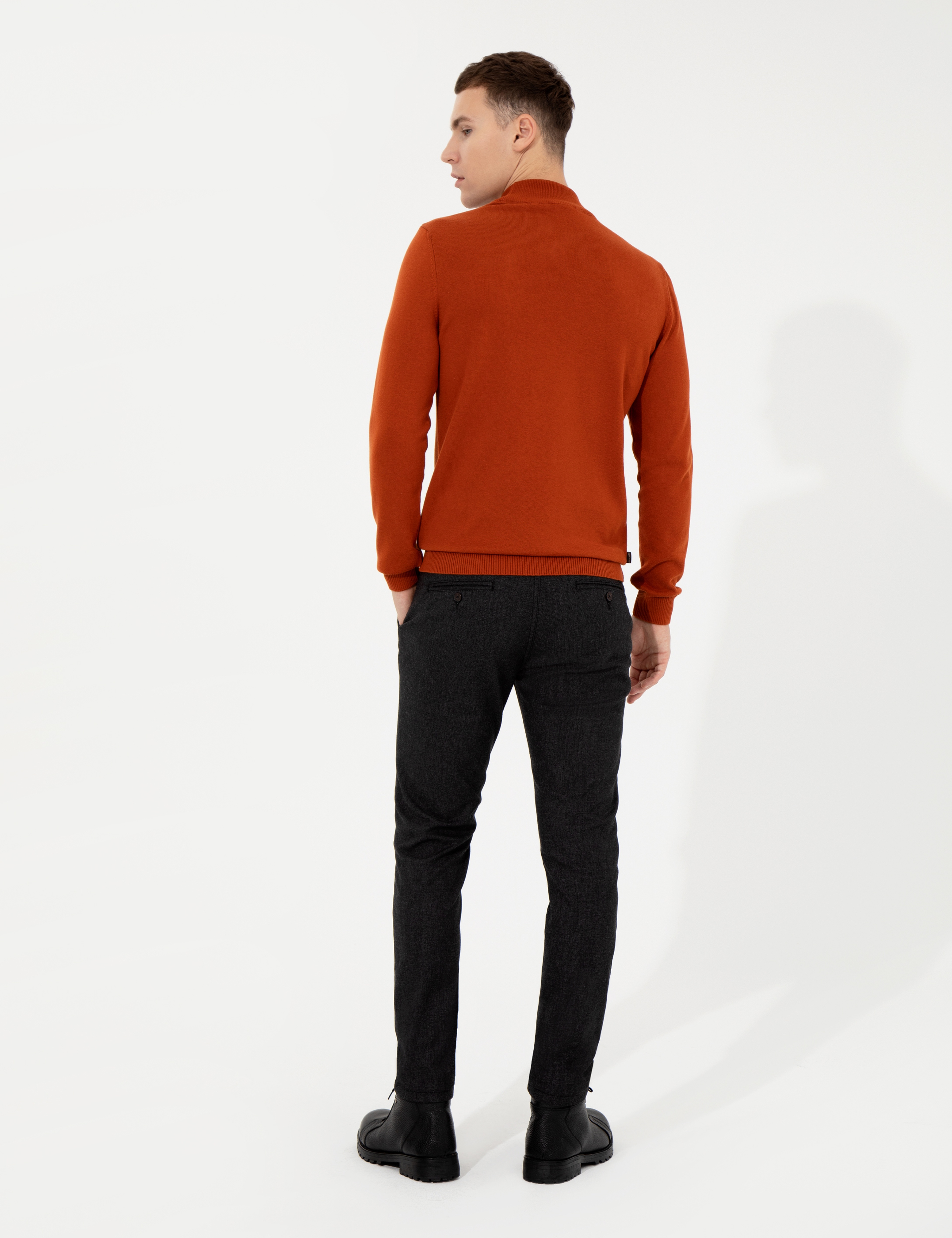 Siyah Slim Fit Keten Karışımlı Kanvas Pantolon - Image 4