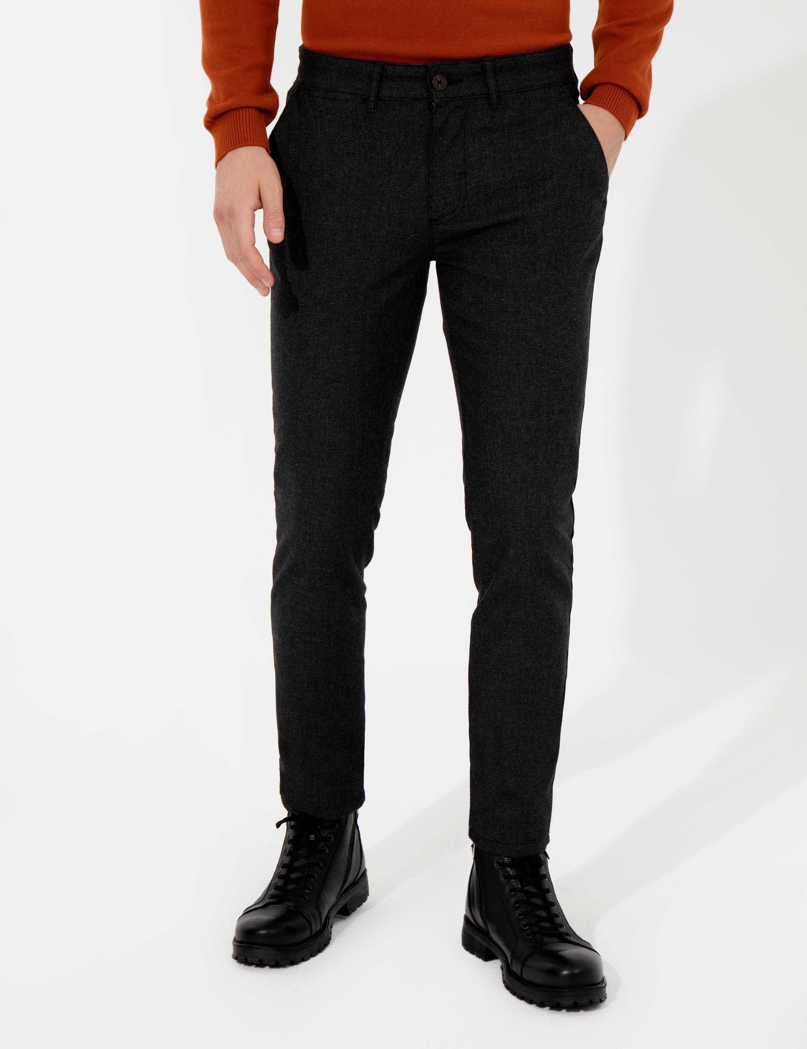 Siyah Slim Fit Keten Karışımlı Kanvas Pantolon