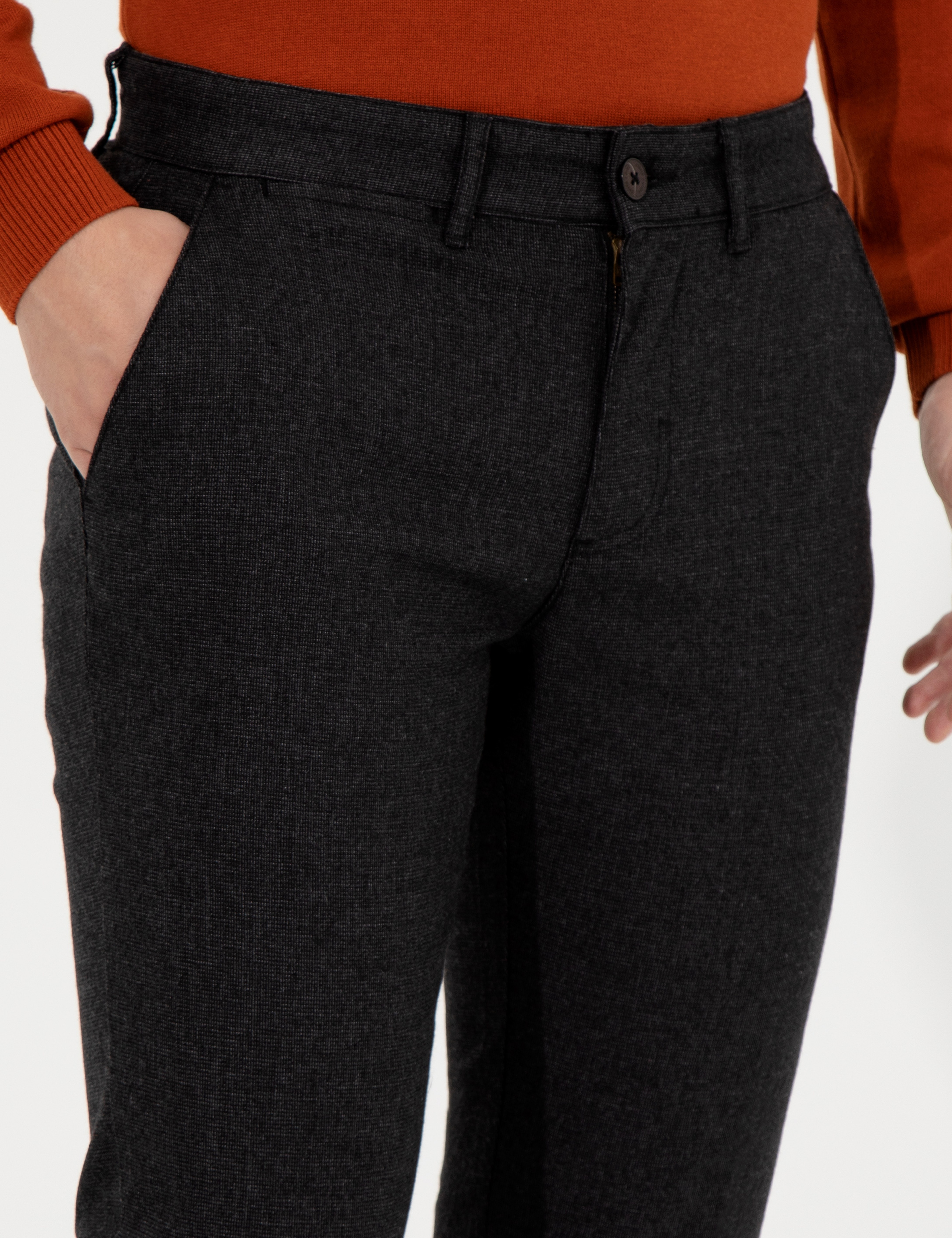 Siyah Slim Fit Keten Karışımlı Kanvas Pantolon - Image 5