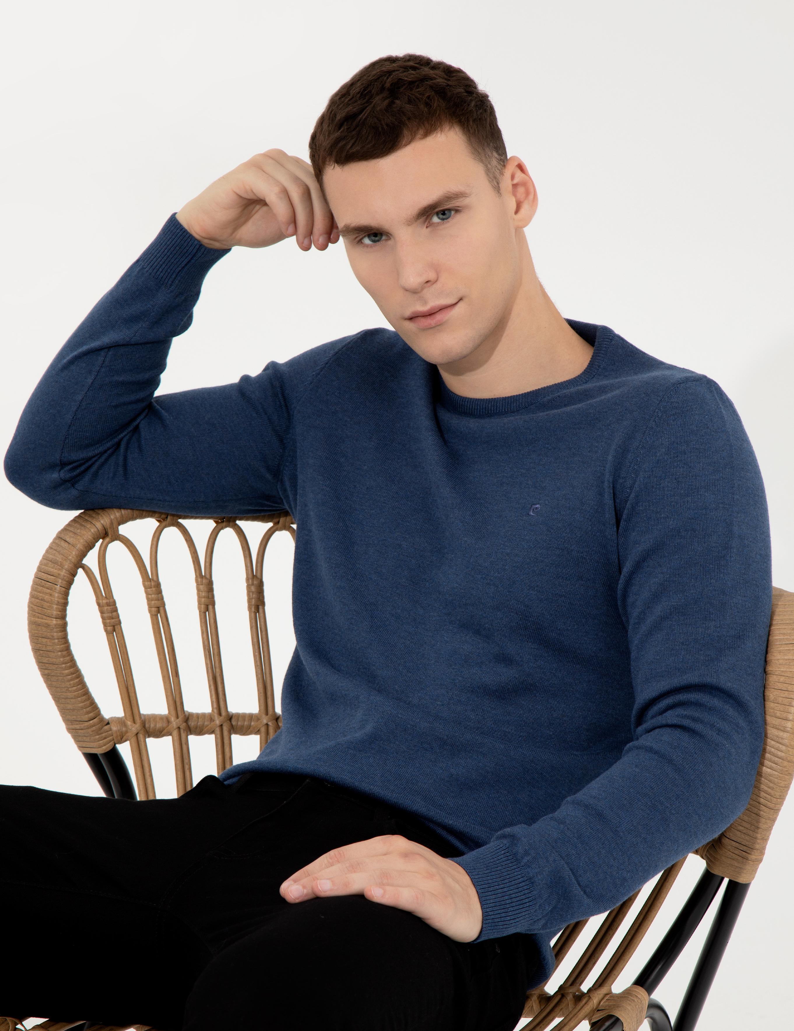 İndigo Melanj Slim Fit Bisiklet Yaka Basic Triko Kazak