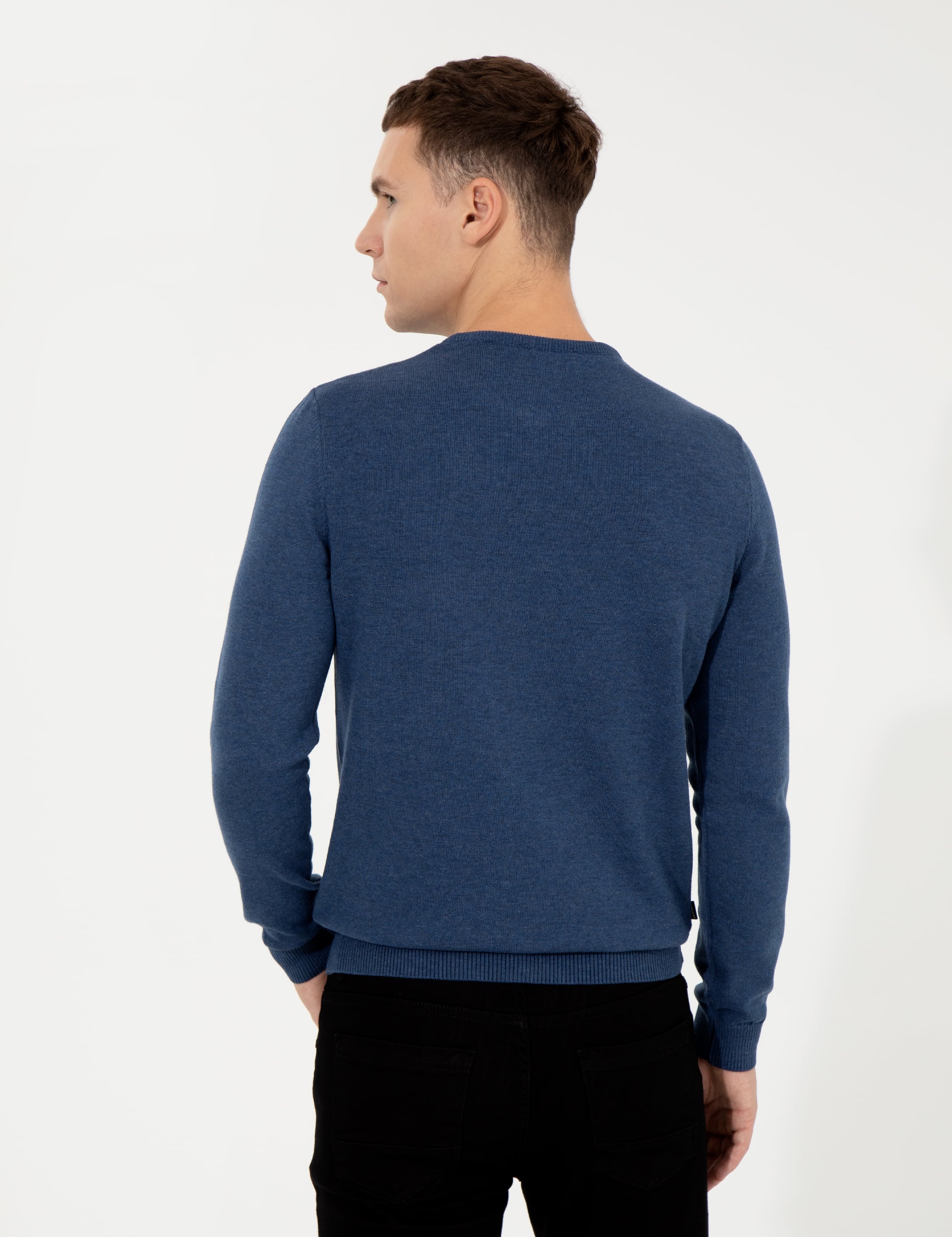 İndigo Melanj Slim Fit Bisiklet Yaka Basic Triko Kazak
