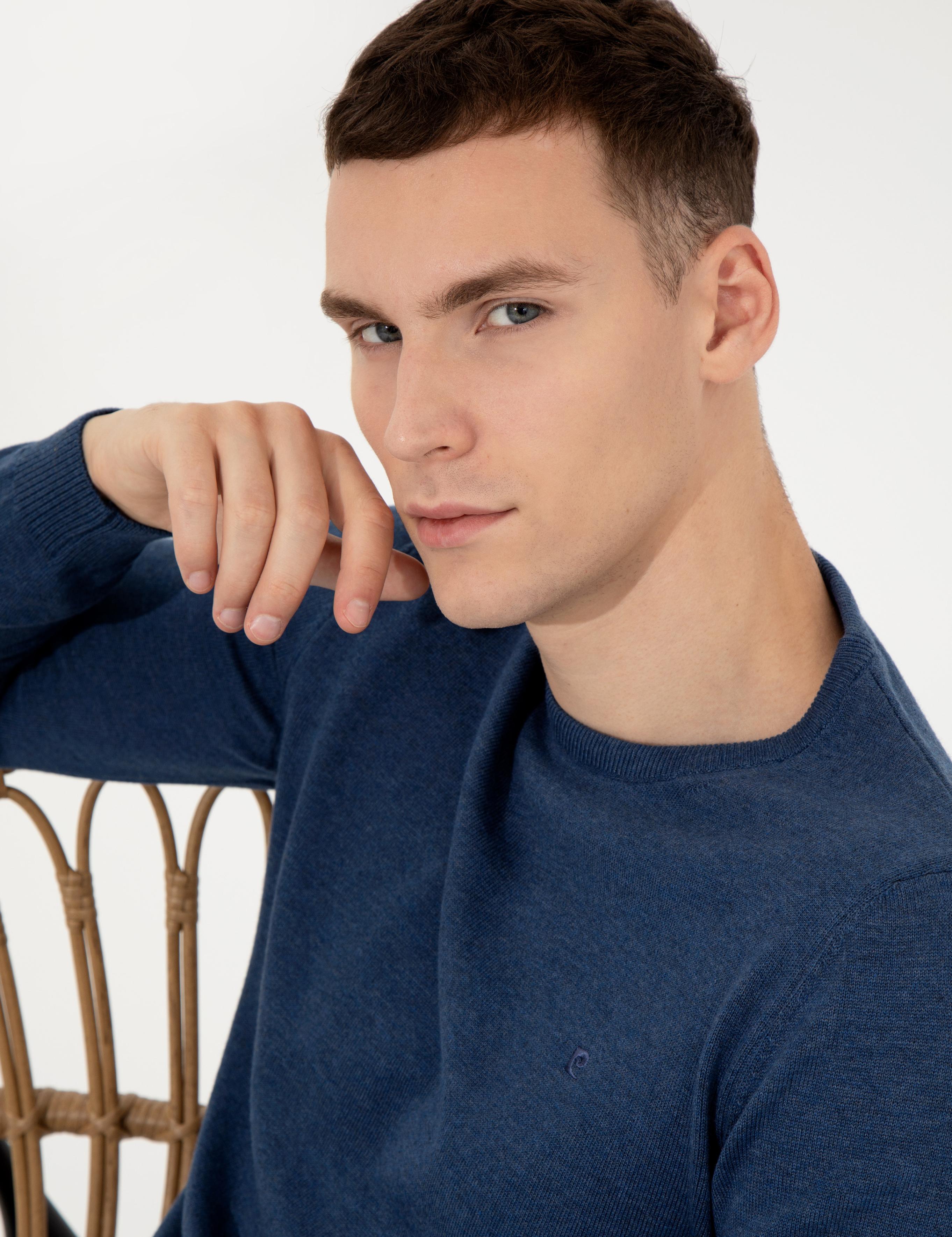 İndigo Melanj Slim Fit Bisiklet Yaka Basic Triko Kazak