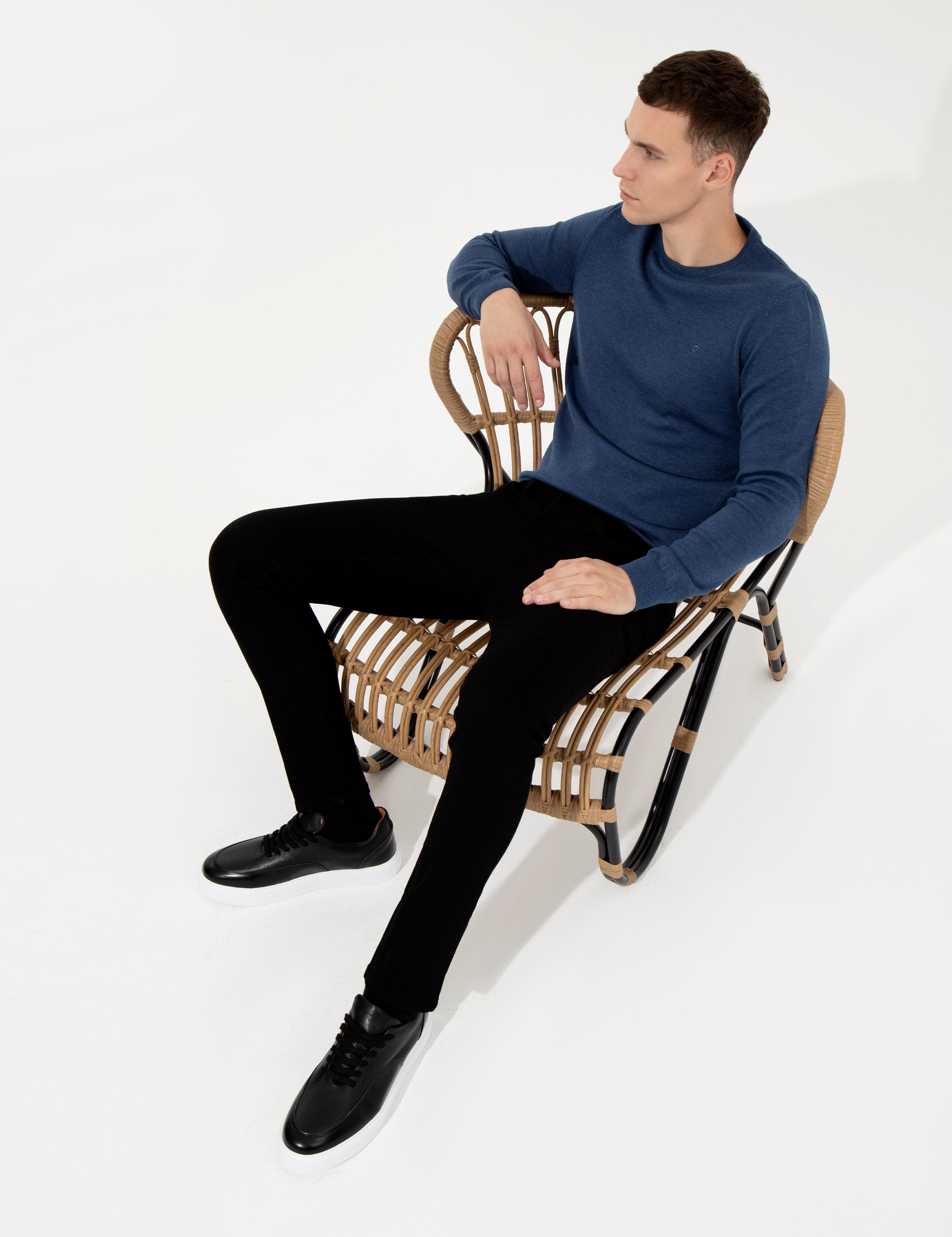 İndigo Melanj Slim Fit Bisiklet Yaka Basic Triko Kazak