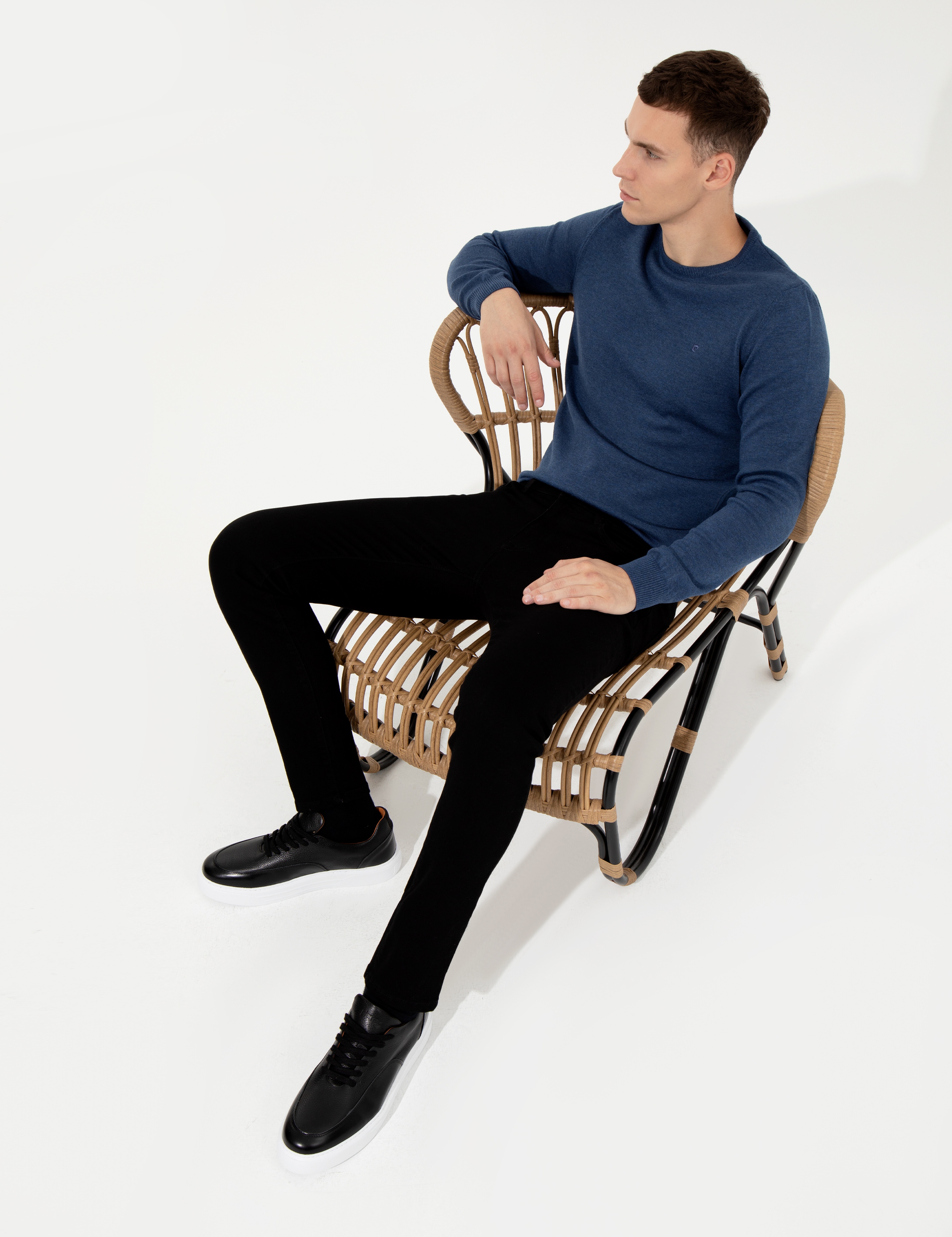 İndigo Melanj Slim Fit Bisiklet Yaka Basic Triko Kazak - Image 4