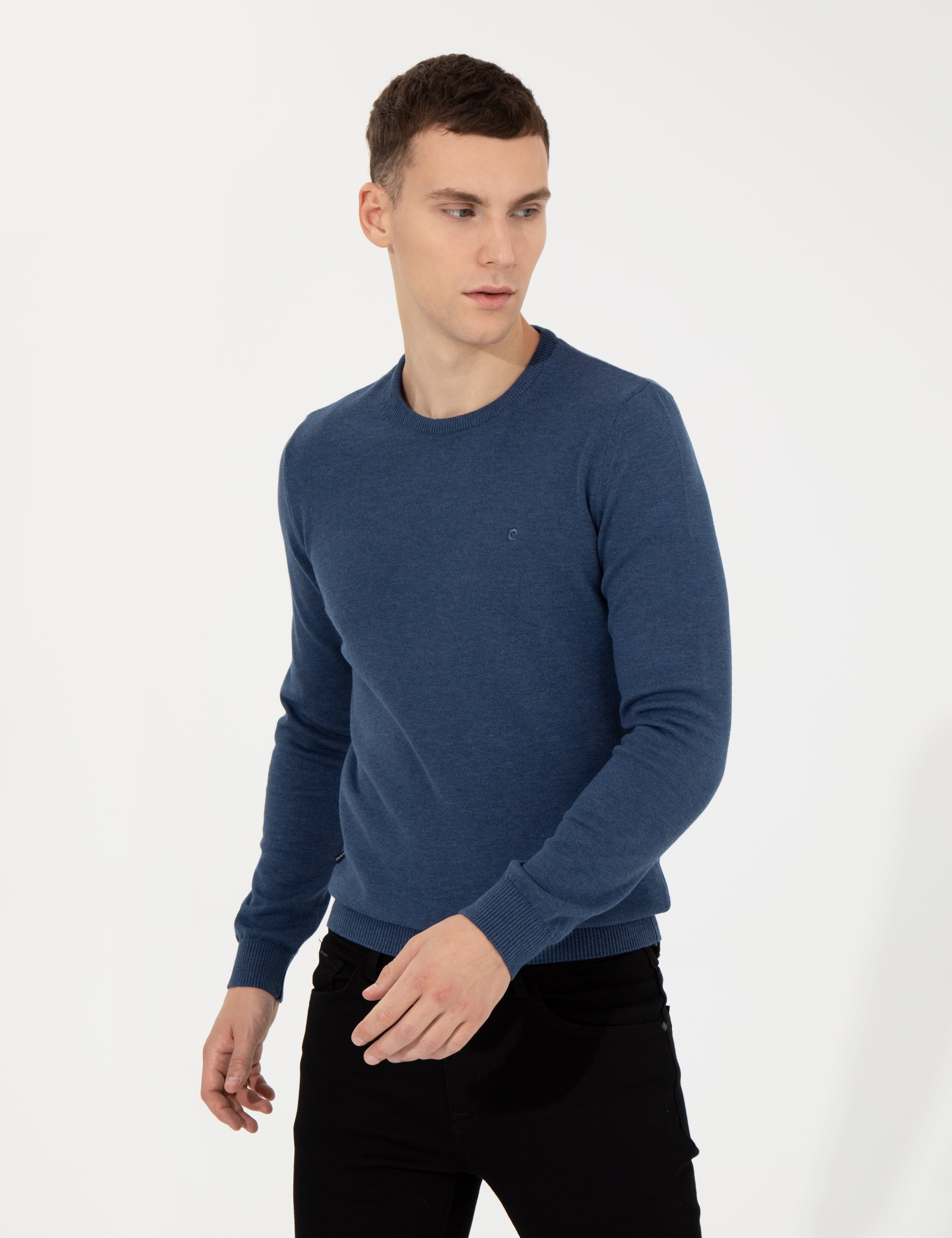 İndigo Melanj Slim Fit Bisiklet Yaka Basic Triko Kazak