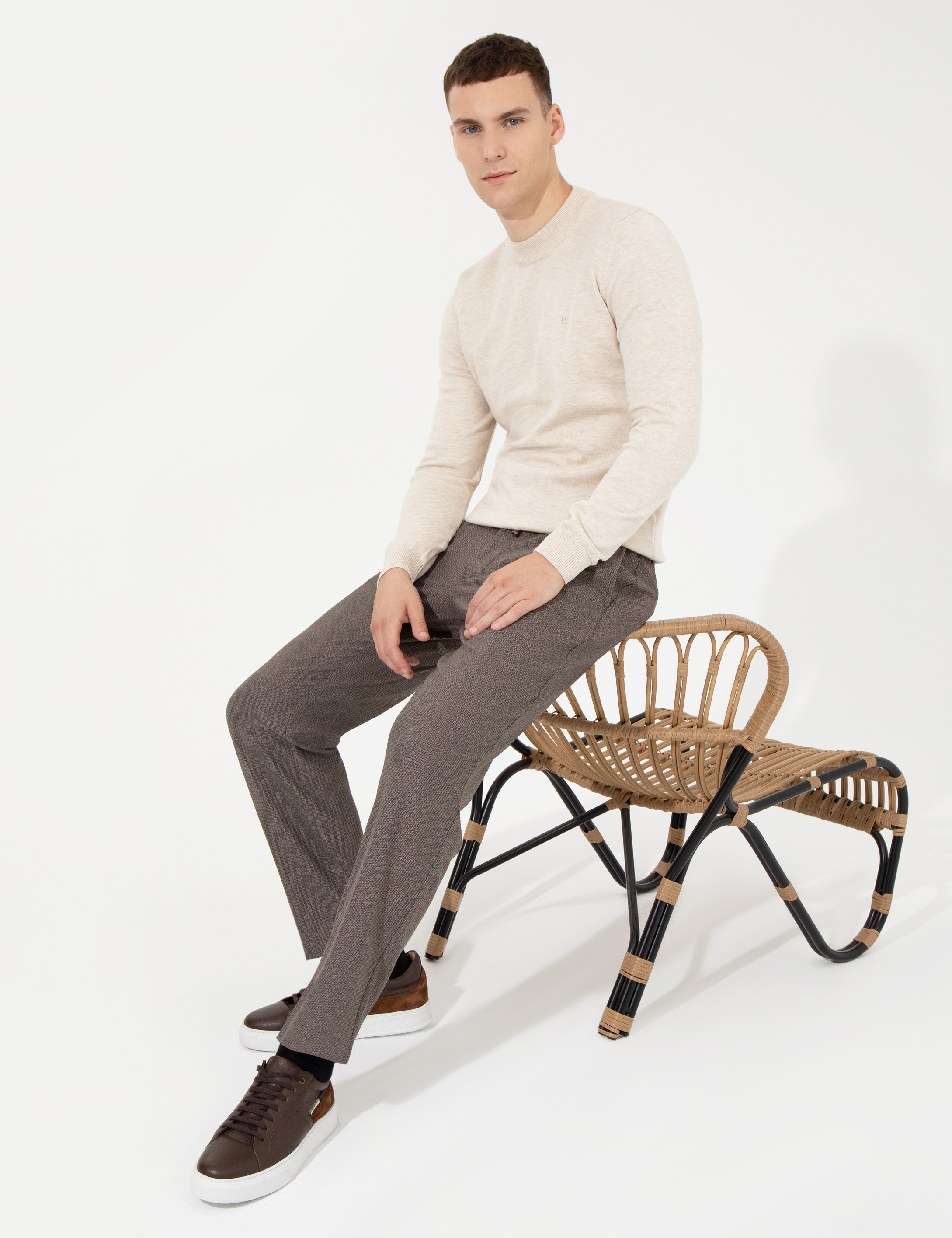 Pierre Cardin Krem Melanj Slim Fit Çeyrek Yaka Basic Triko Kazak görsel 4