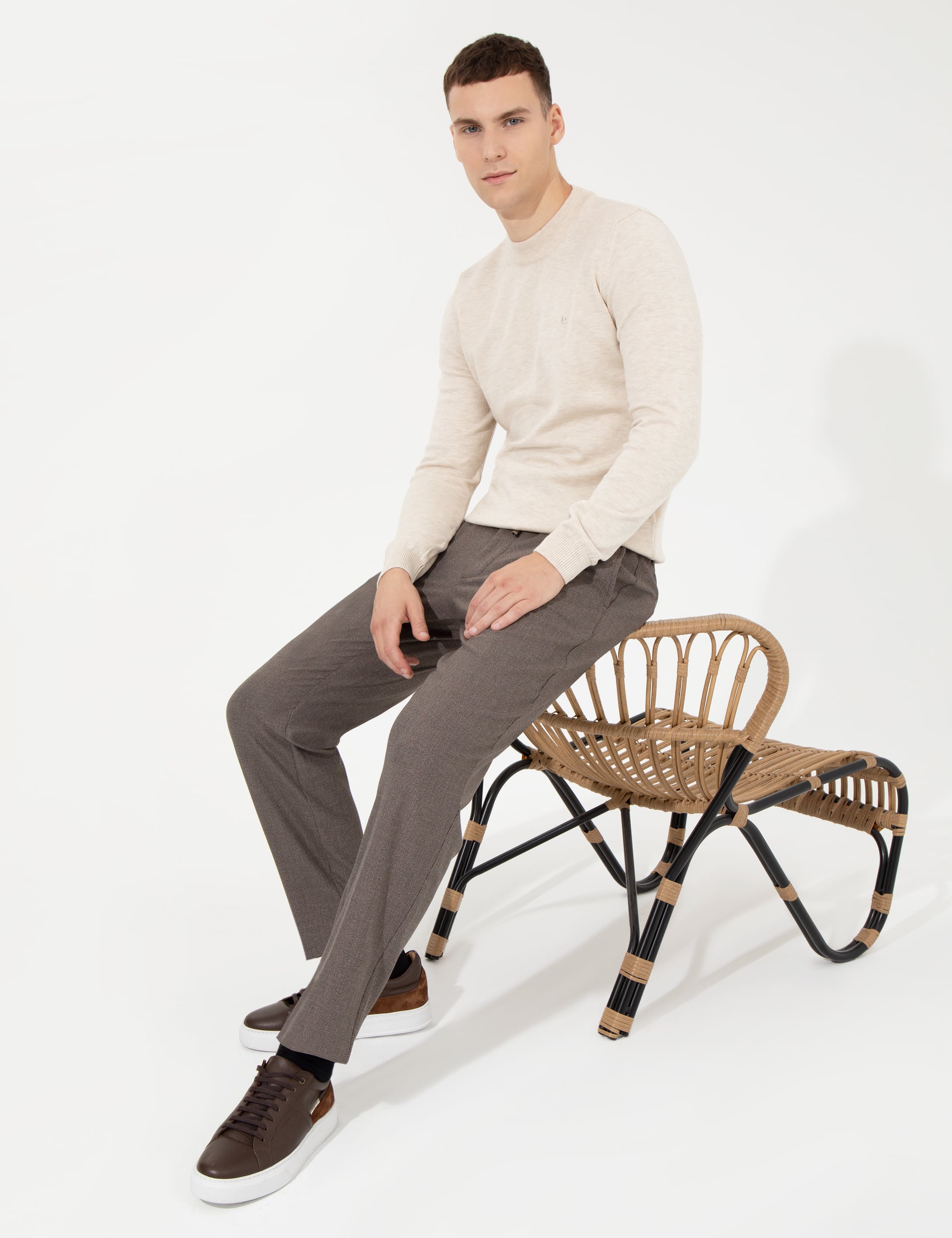 Krem Melanj Slim Fit Çeyrek Yaka Basic Triko Kazak
