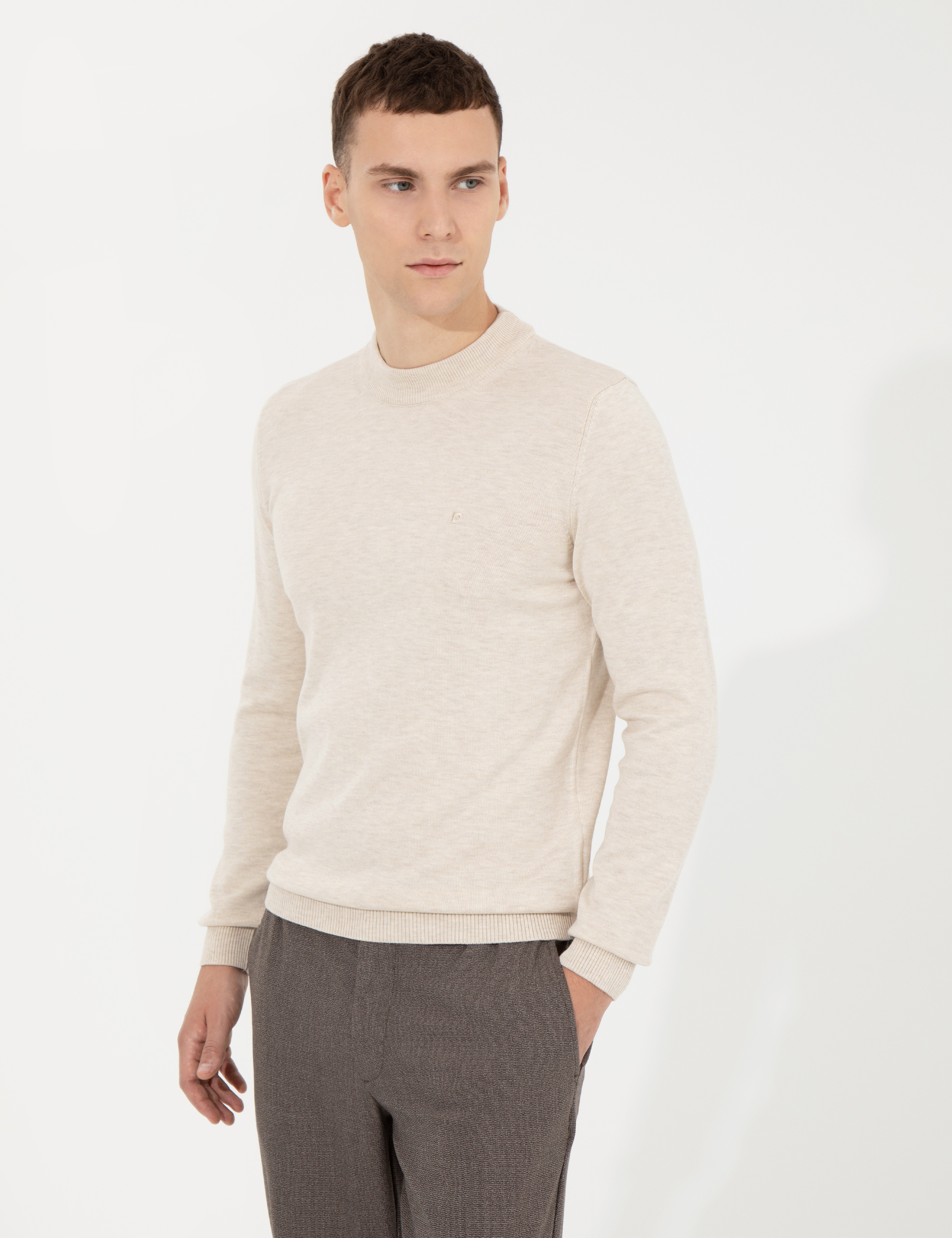 Pierre Cardin Krem Melanj Slim Fit Çeyrek Yaka Basic Triko Kazak görsel 3