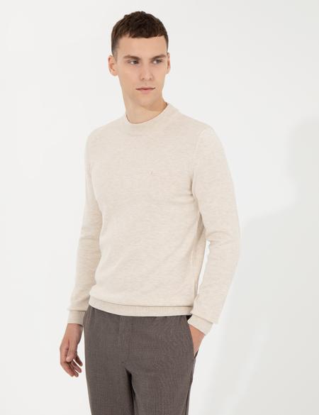 Krem Melanj Slim Fit Çeyrek Yaka Basic Triko Kazak - 50257208009