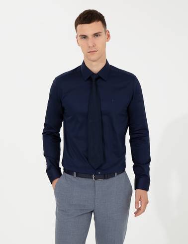 Lacivert Slim Fit Uzun Kollu Klasik Gömlek