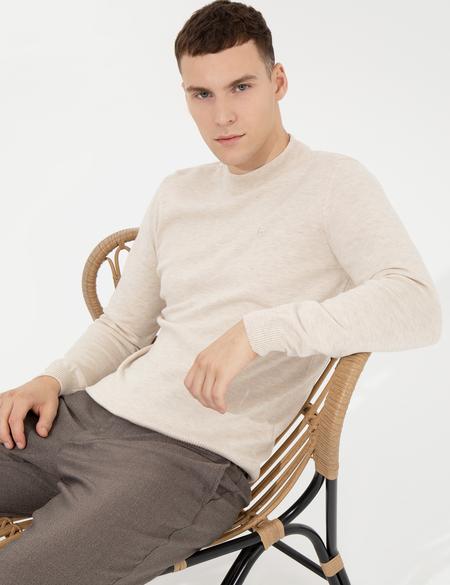 Krem Melanj Slim Fit Çeyrek Yaka Basic Triko Kazak - 50257208009