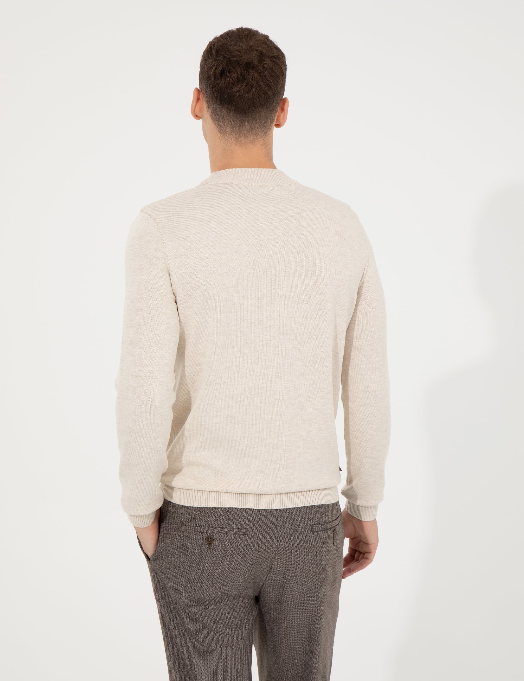 Krem Melanj Slim Fit Çeyrek Yaka Basic Triko Kazak