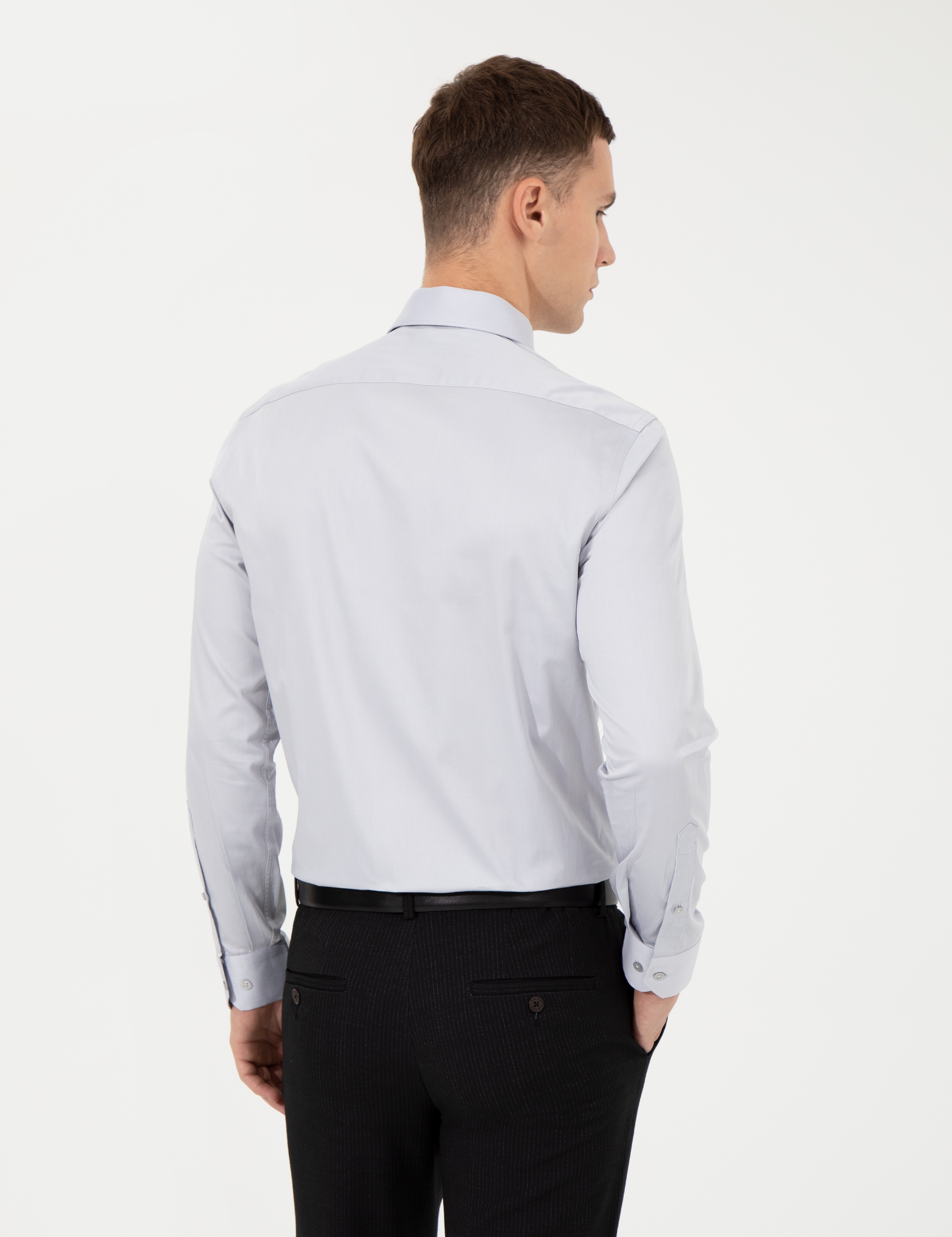 Gri Slim Fit Uzun Kollu Klasik Gömlek - Image 5