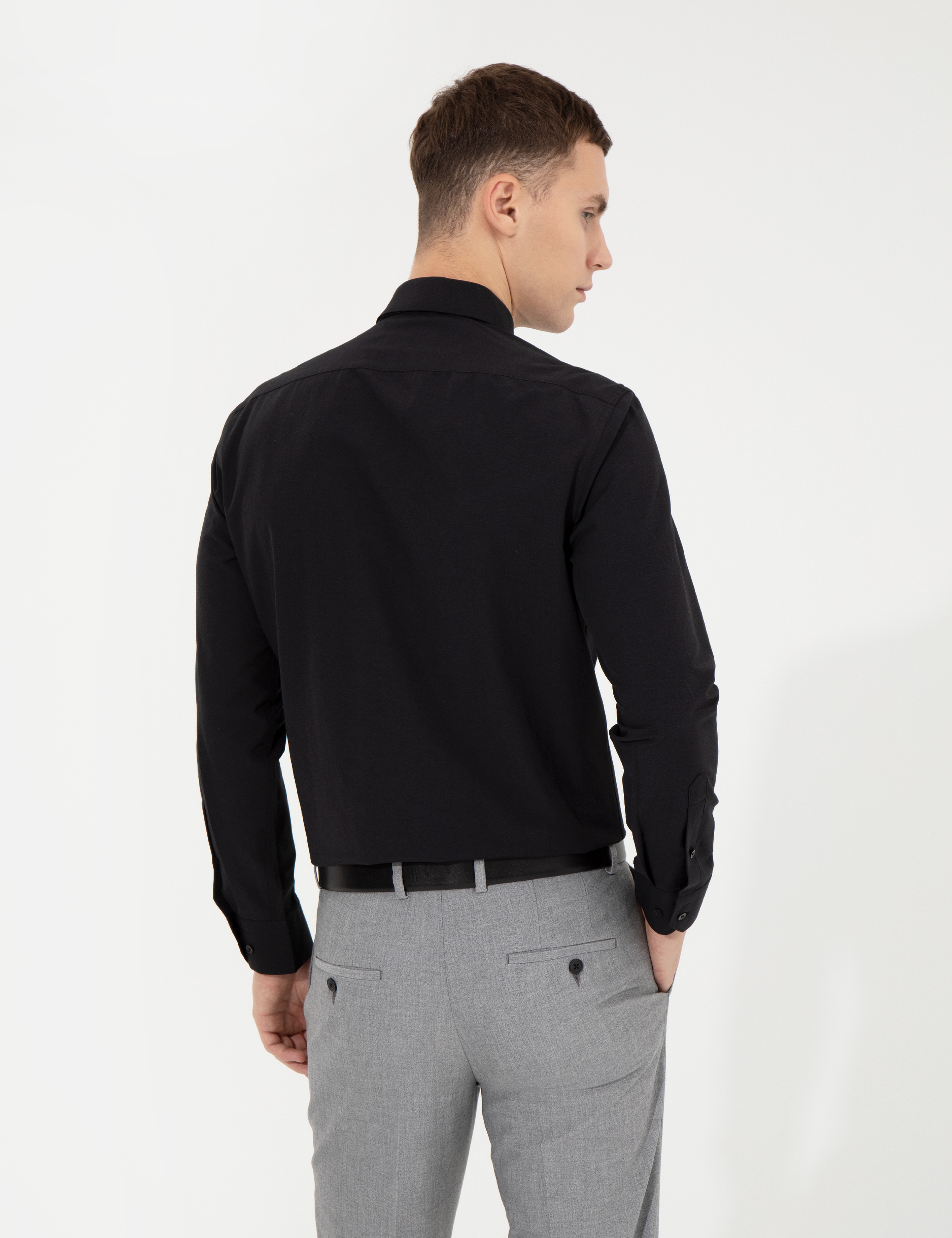 Siyah Slim Fit Uzun Kollu Klasik Gömlek - Image 5