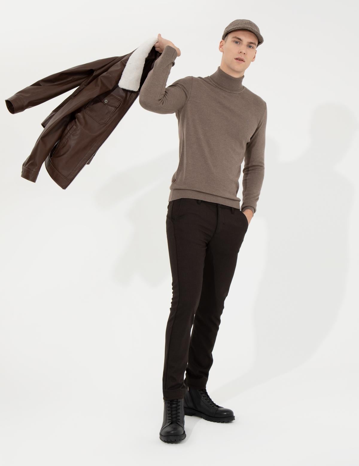 Vizon Melanj Slim Fit Balıkçı Yaka Basic Triko Kazak