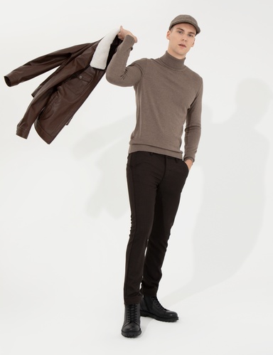 Vizon Melanj Slim Fit Balıkçı Yaka Basic Triko Kazak