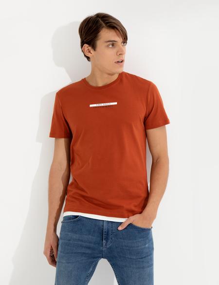 Kahverengi Slim Fit Bisiklet Yaka Tişört - 50258441043