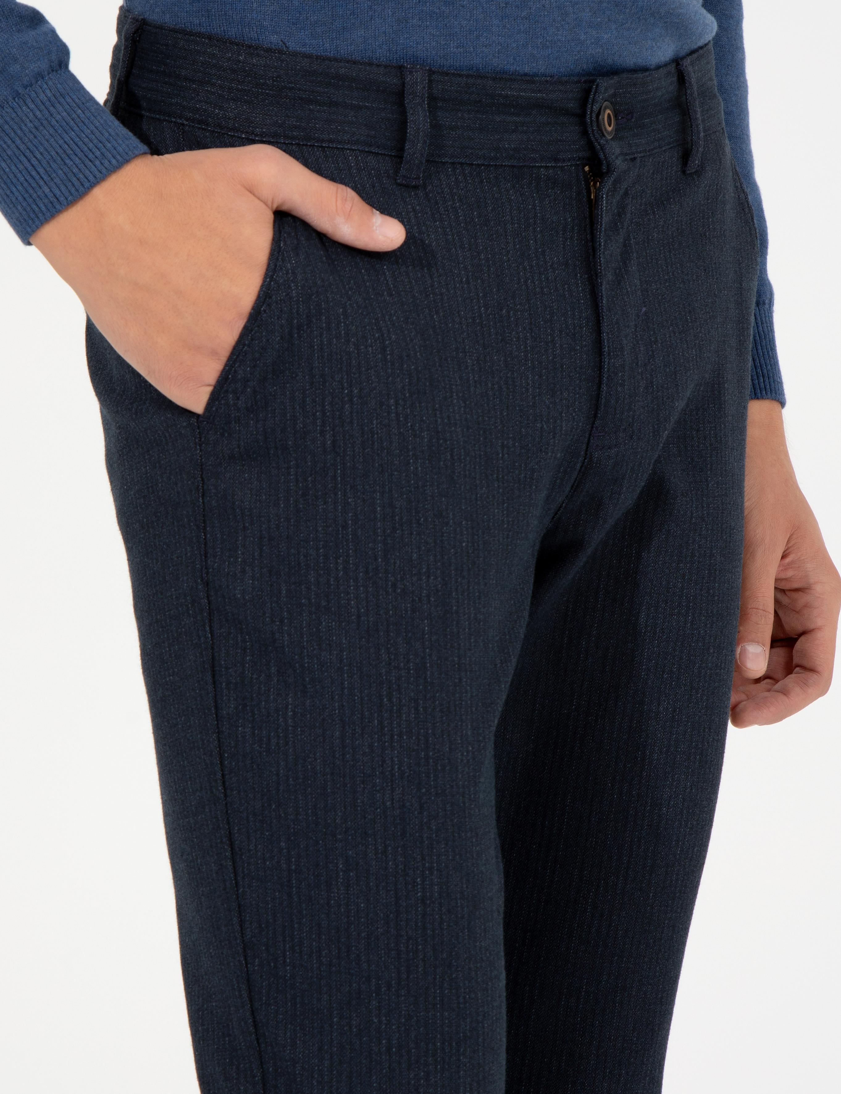 Lacivert Slim Fit Keten Karışımlı Chino Pantolon