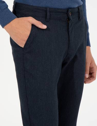 Lacivert Slim Fit Keten Karışımlı Chino Pantolon