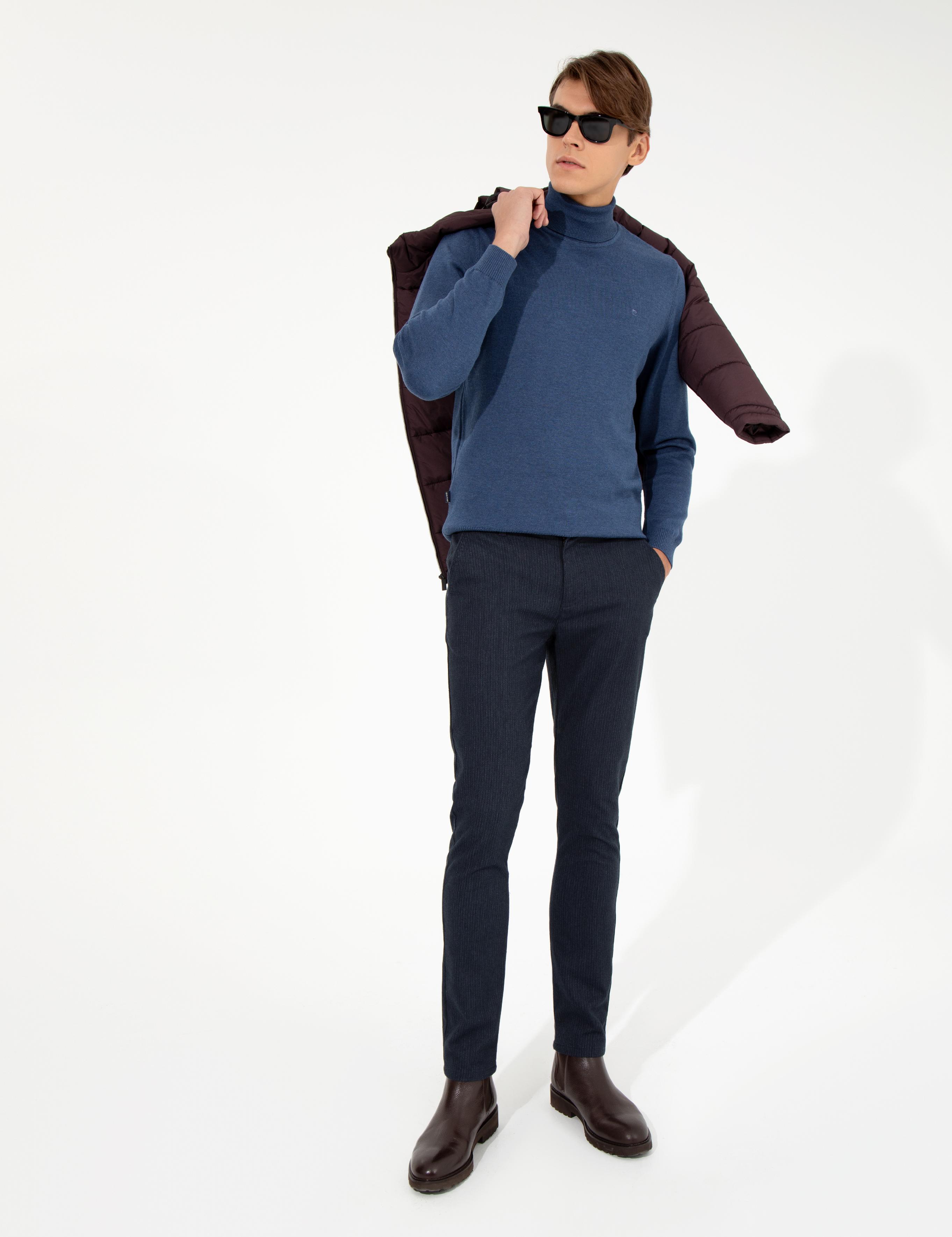 Lacivert Slim Fit Keten Karışımlı Chino Pantolon