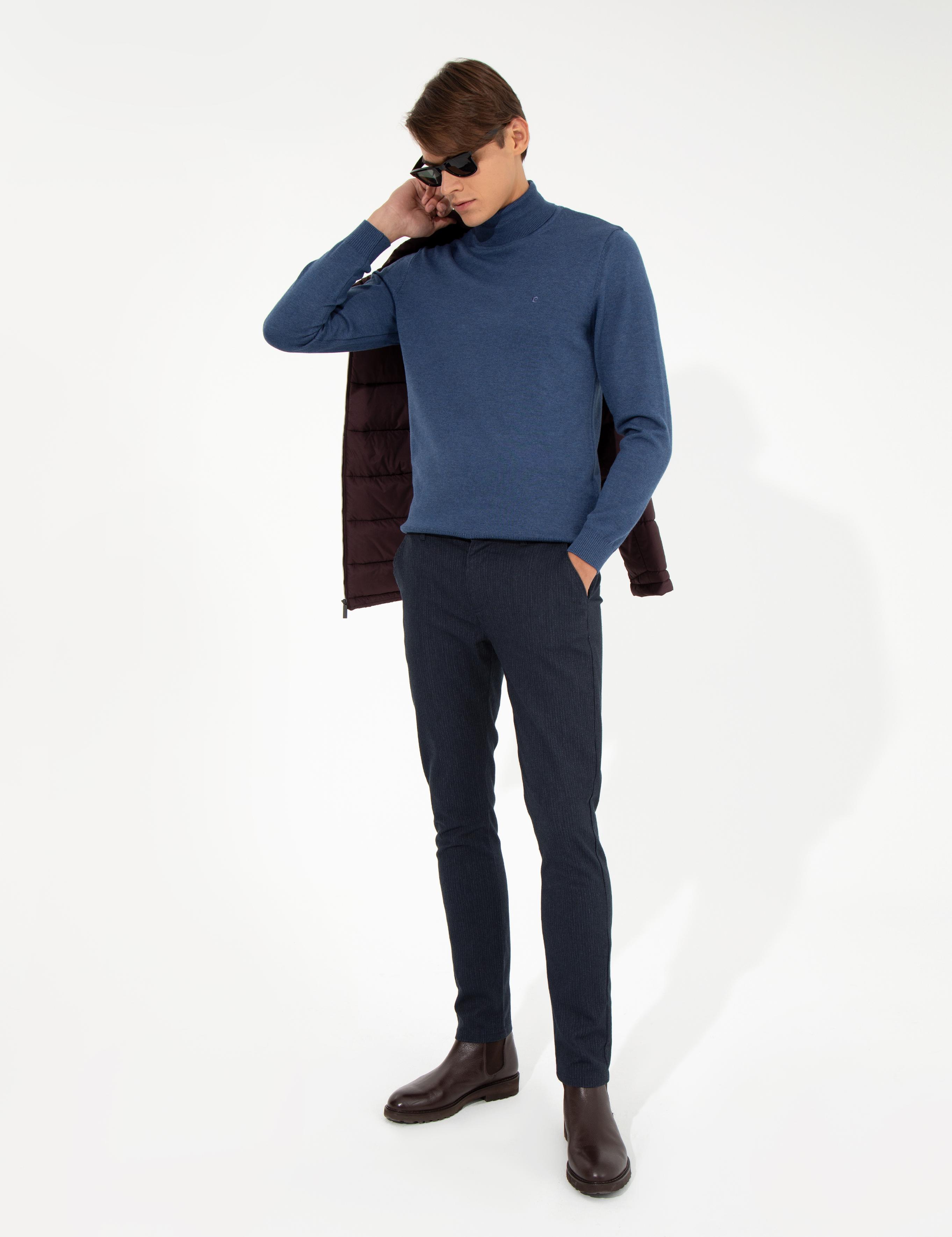 Lacivert Slim Fit Keten Karışımlı Chino Pantolon