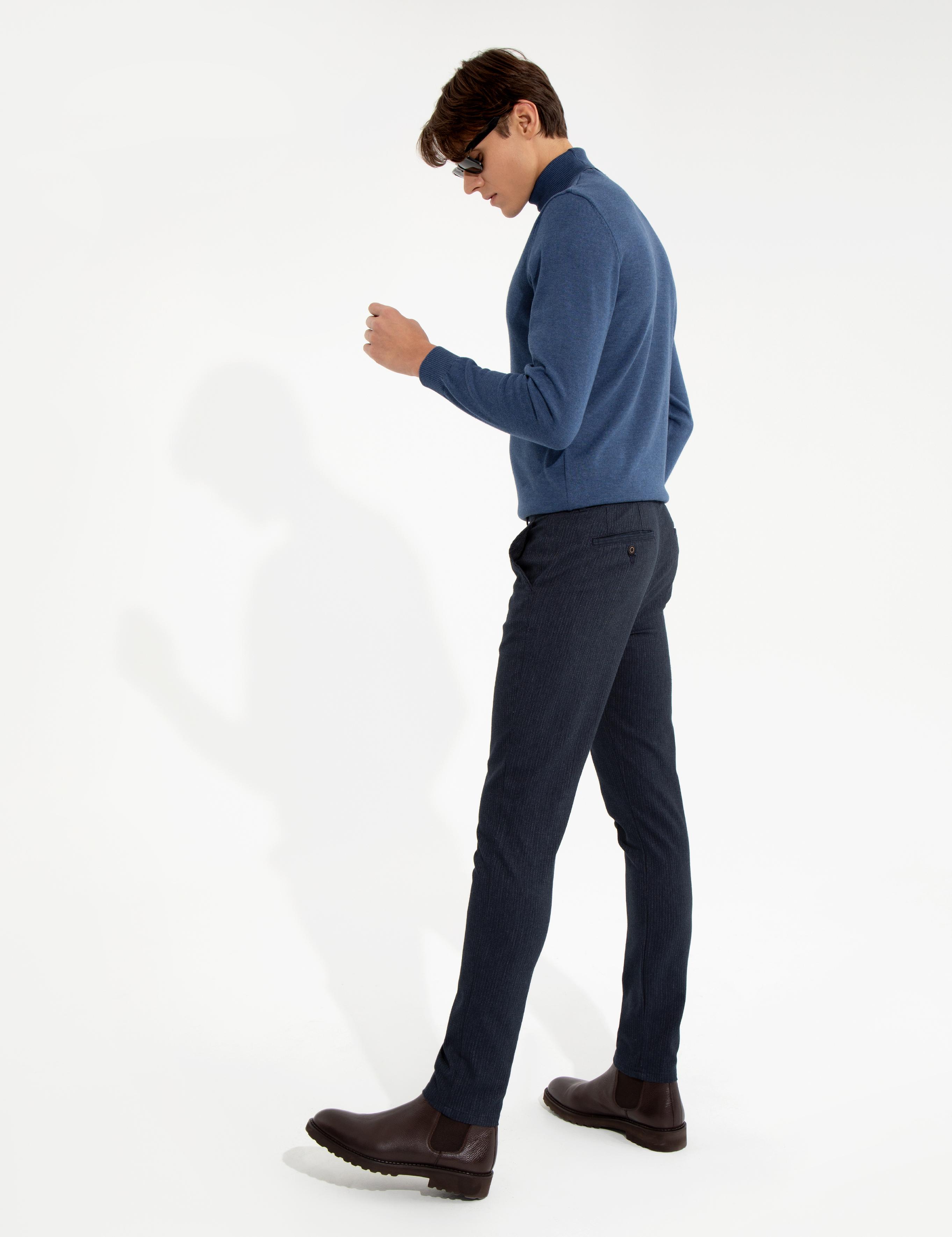 Lacivert Slim Fit Keten Karışımlı Chino Pantolon