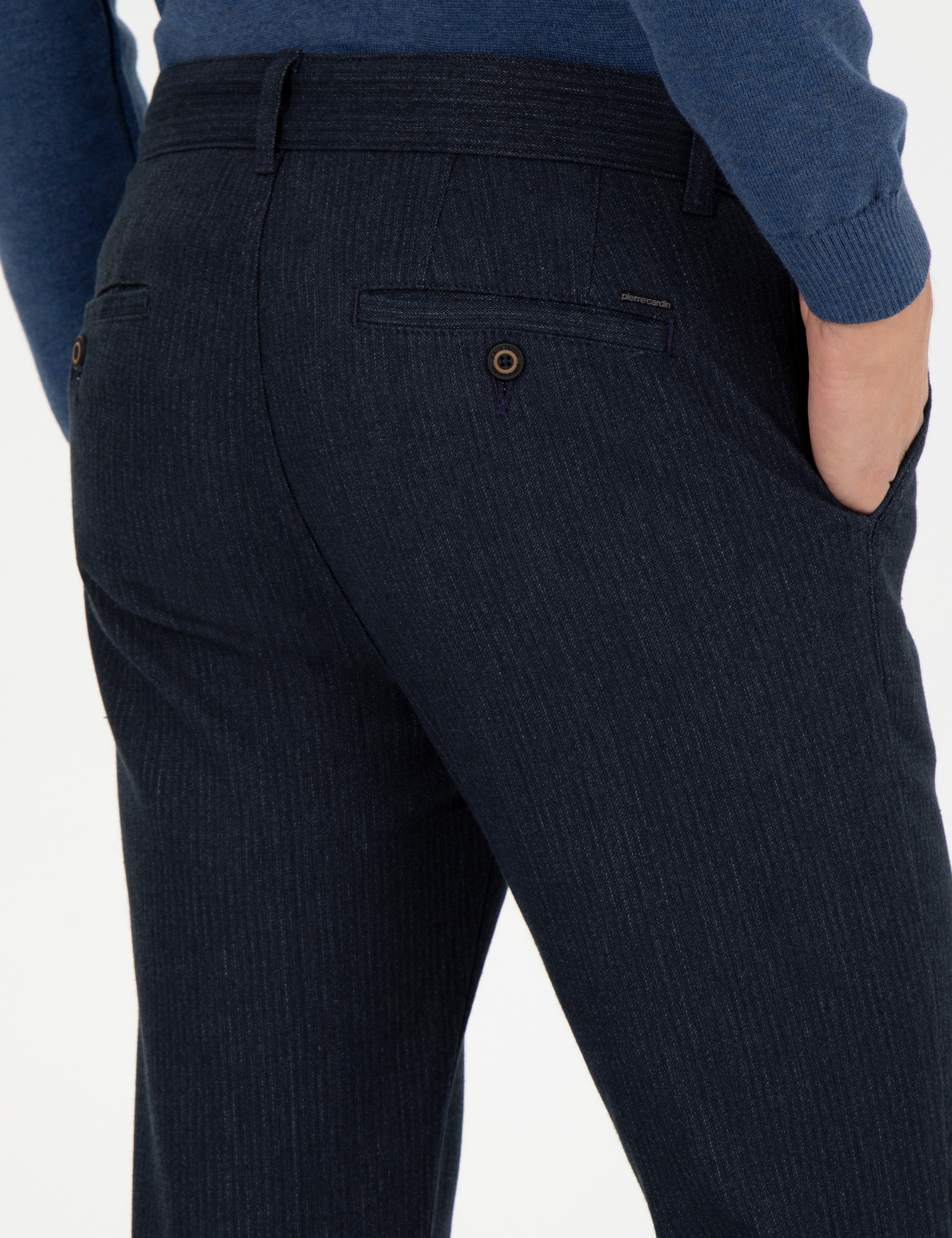 Lacivert Slim Fit Keten Karışımlı Chino Pantolon