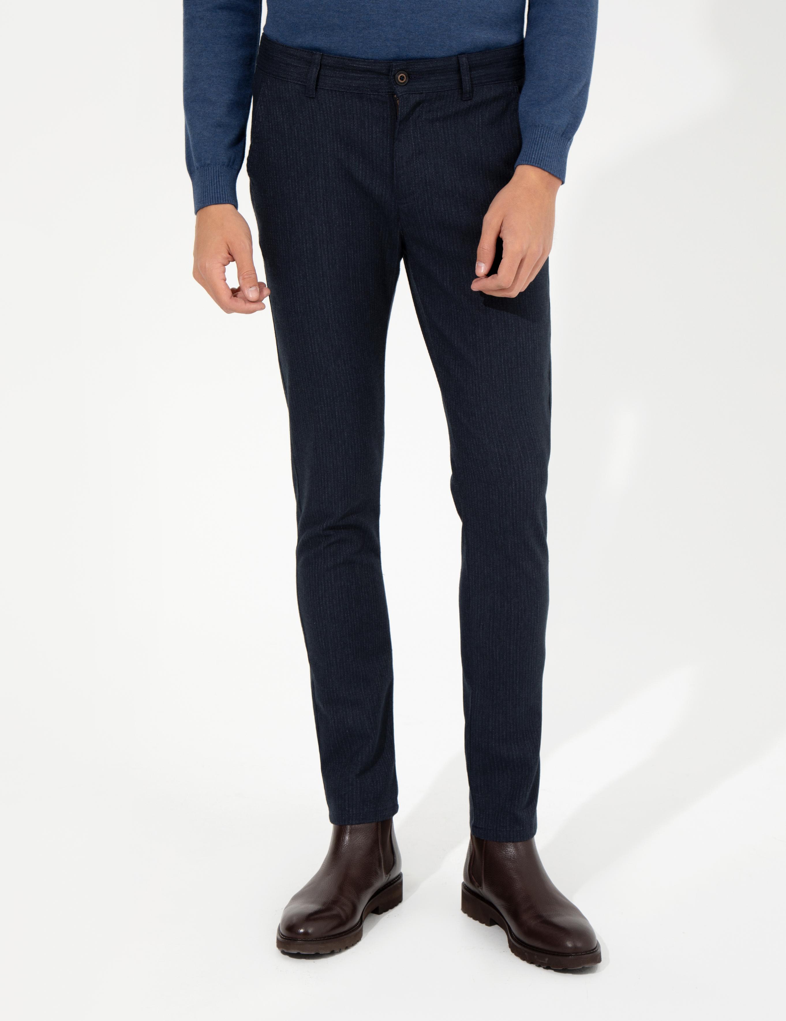 Lacivert Slim Fit Keten Karışımlı Chino Pantolon
