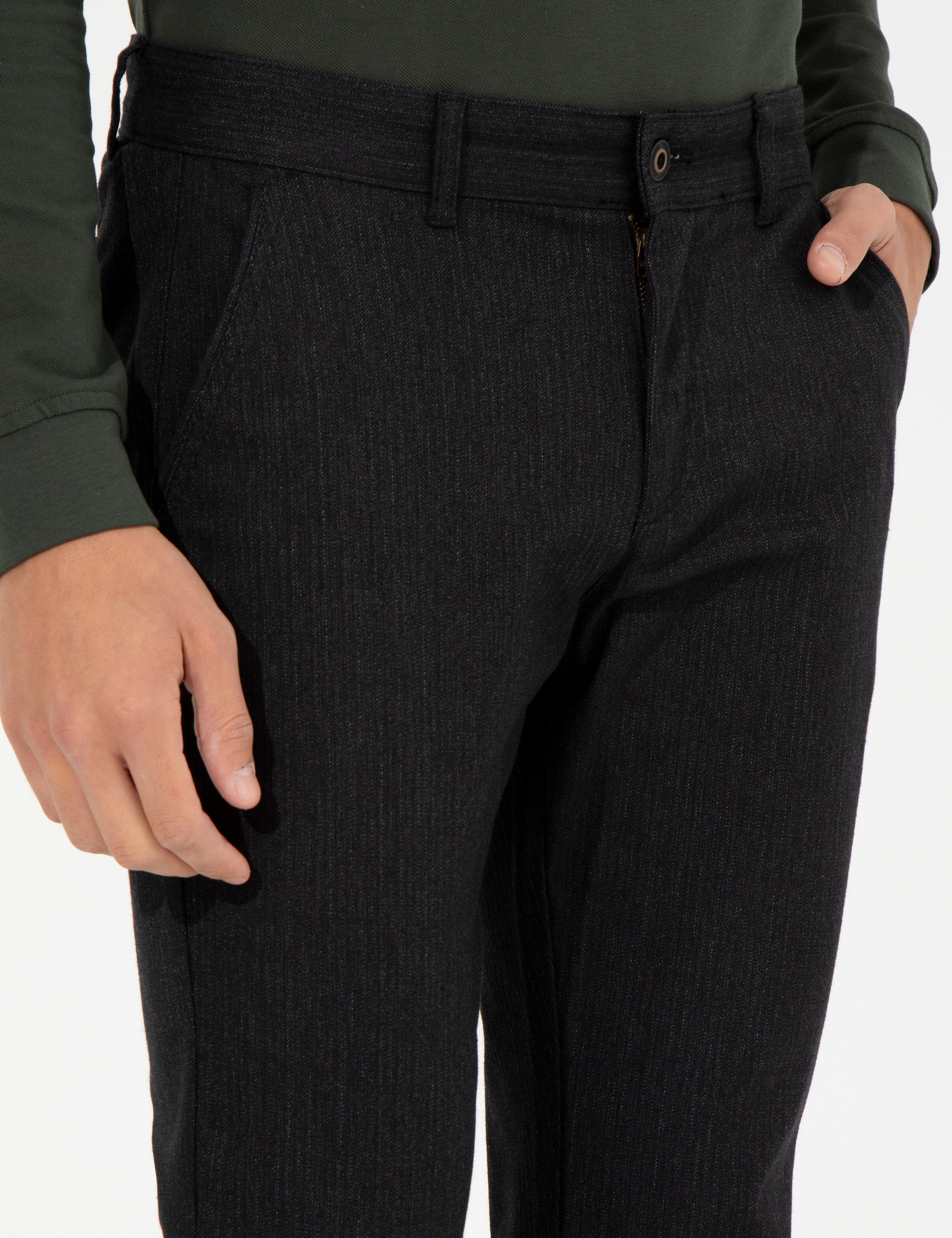 Siyah Slim Fit Keten Karışımlı Chino Pantolon - Image 5