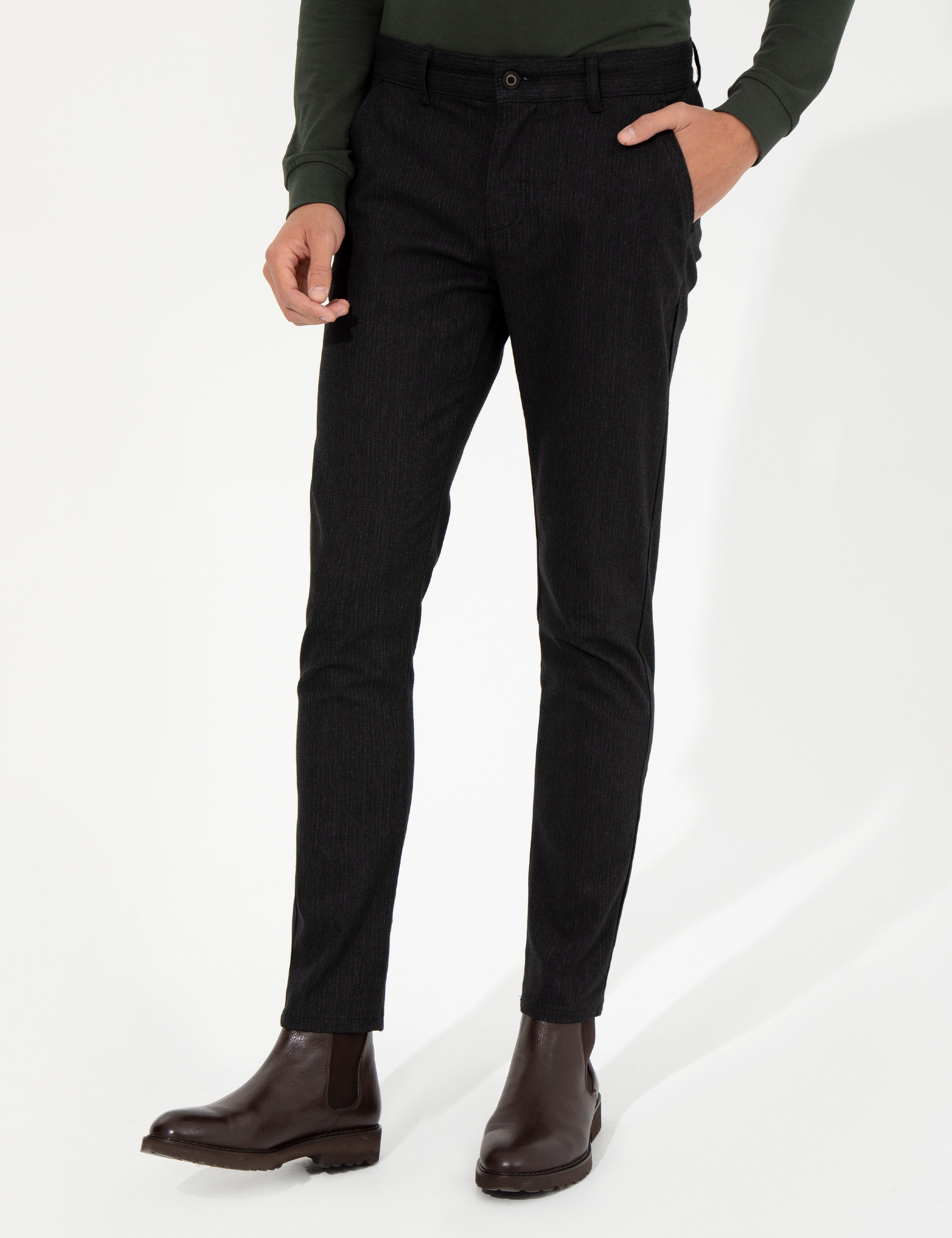 Siyah Slim Fit Keten Karışımlı Chino Pantolon - Image 2