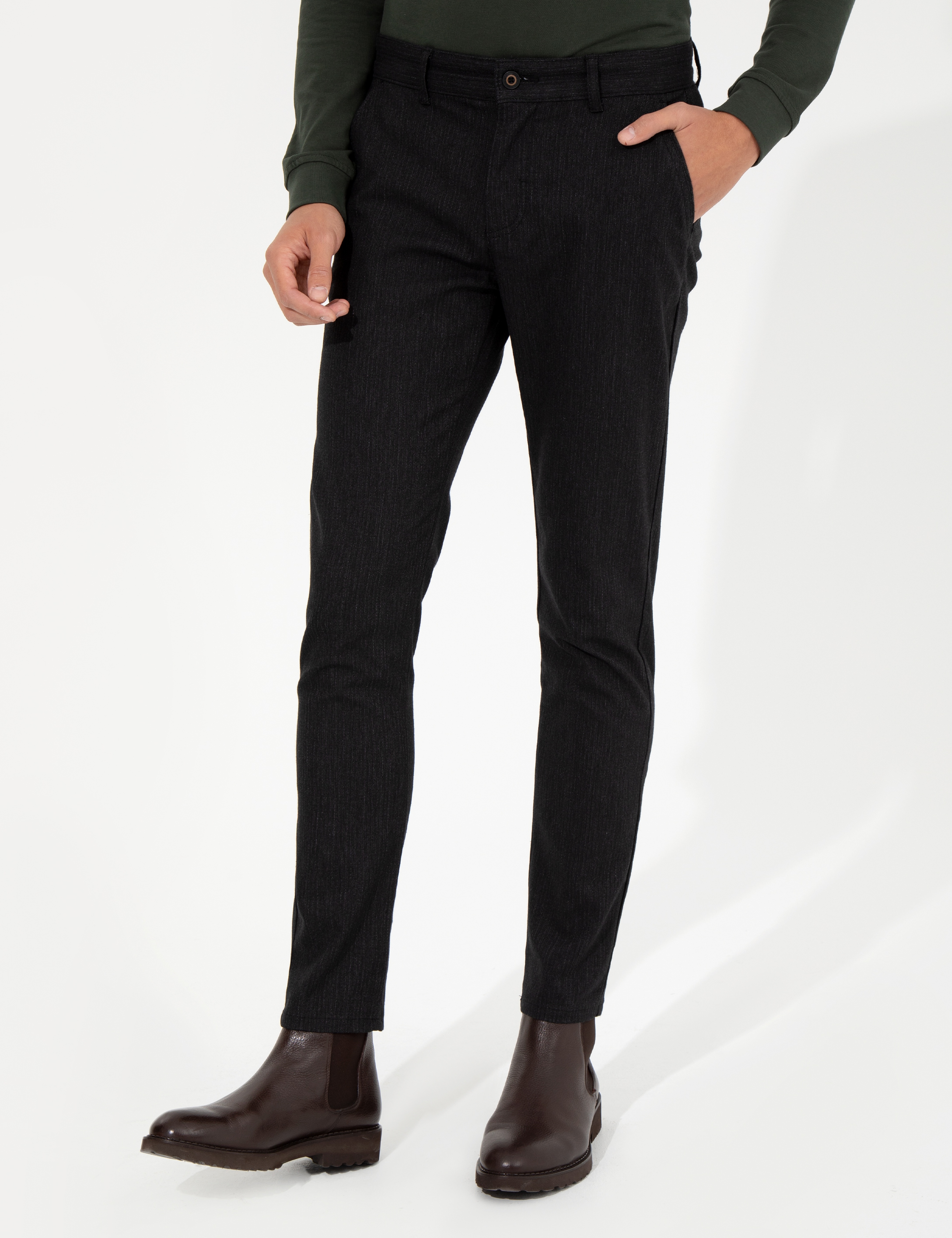 Siyah Slim Fit Keten Karışımlı Chino Pantolon