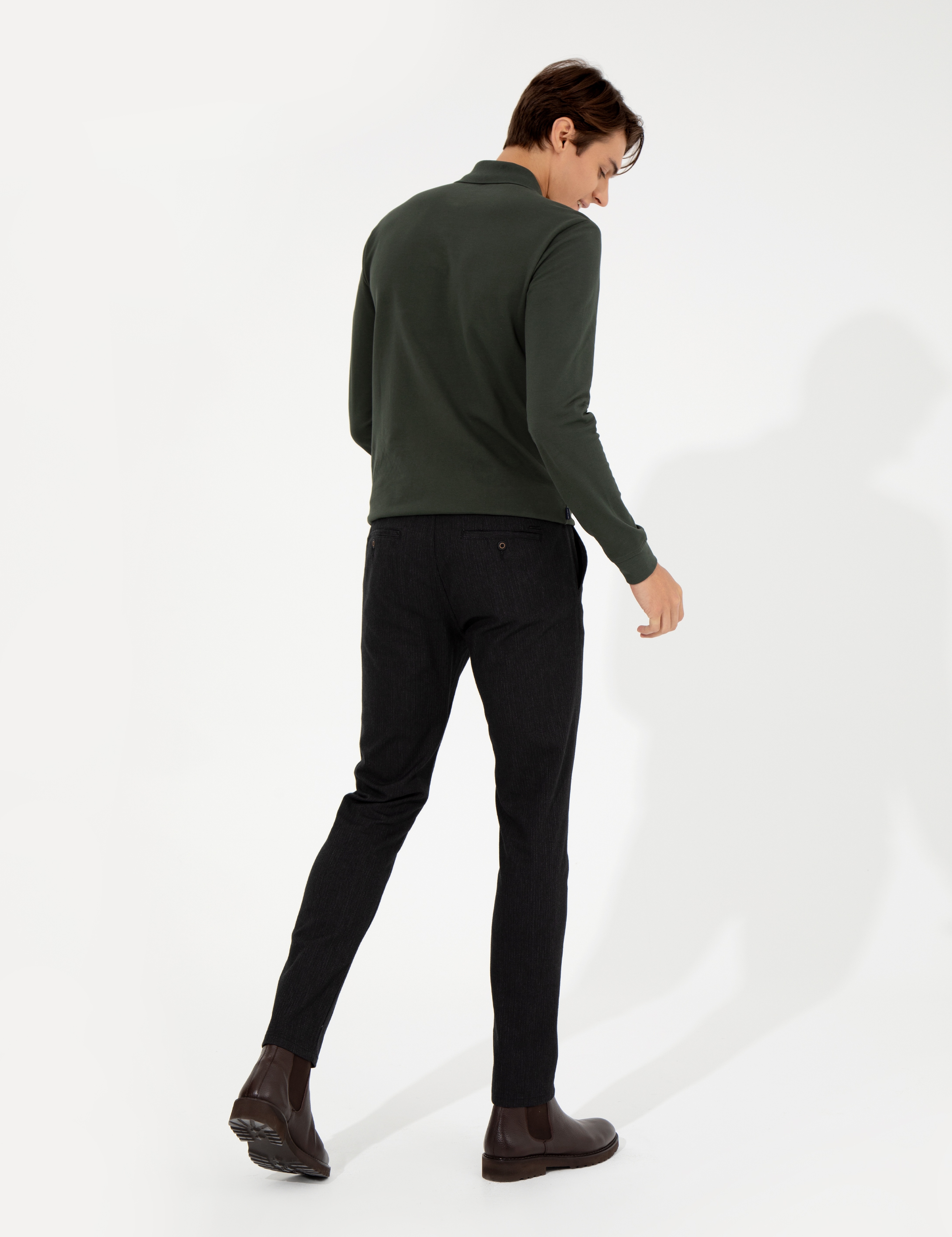 Siyah Slim Fit Keten Karışımlı Chino Pantolon - Image 4