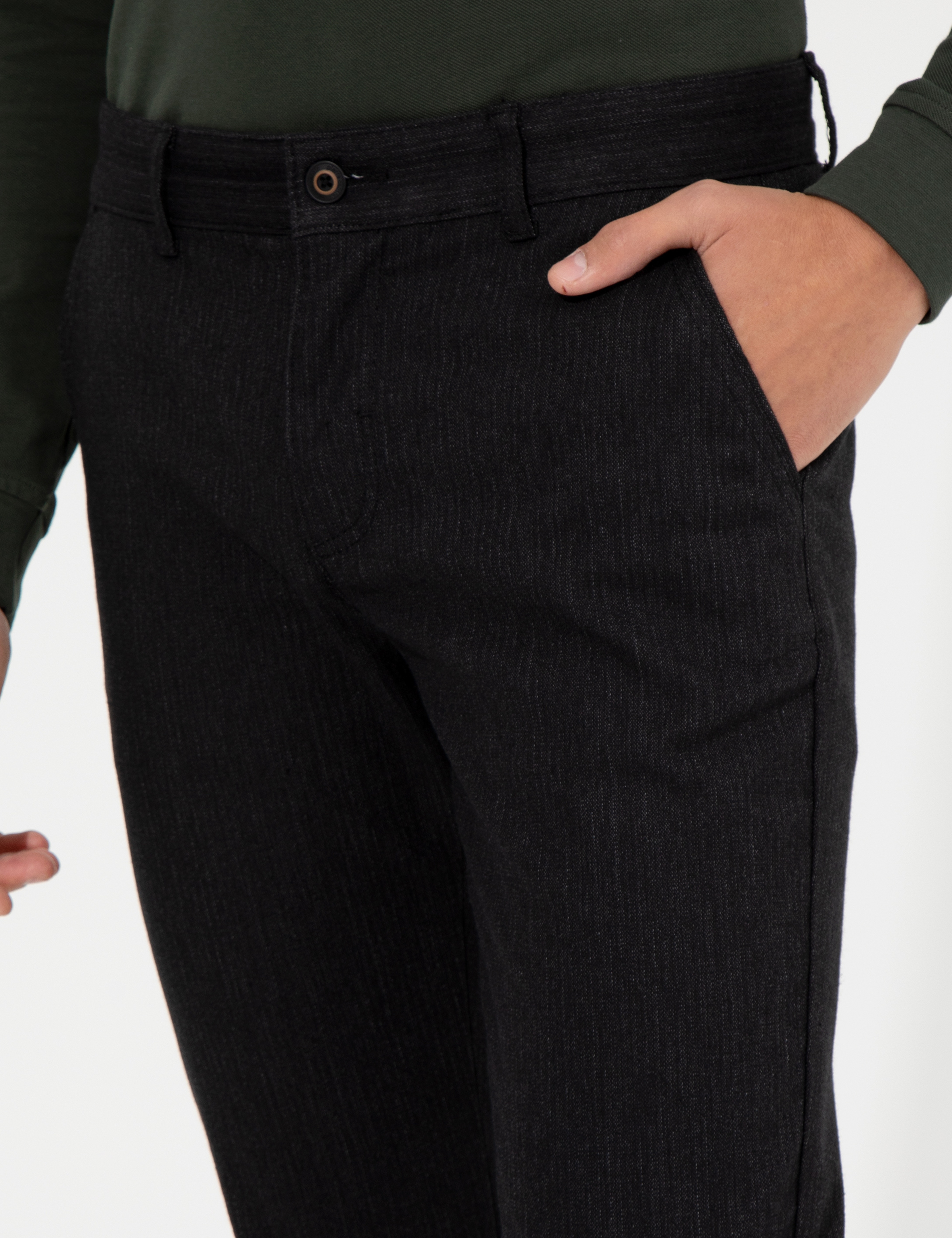 Siyah Slim Fit Keten Karışımlı Chino Pantolon - Image 6