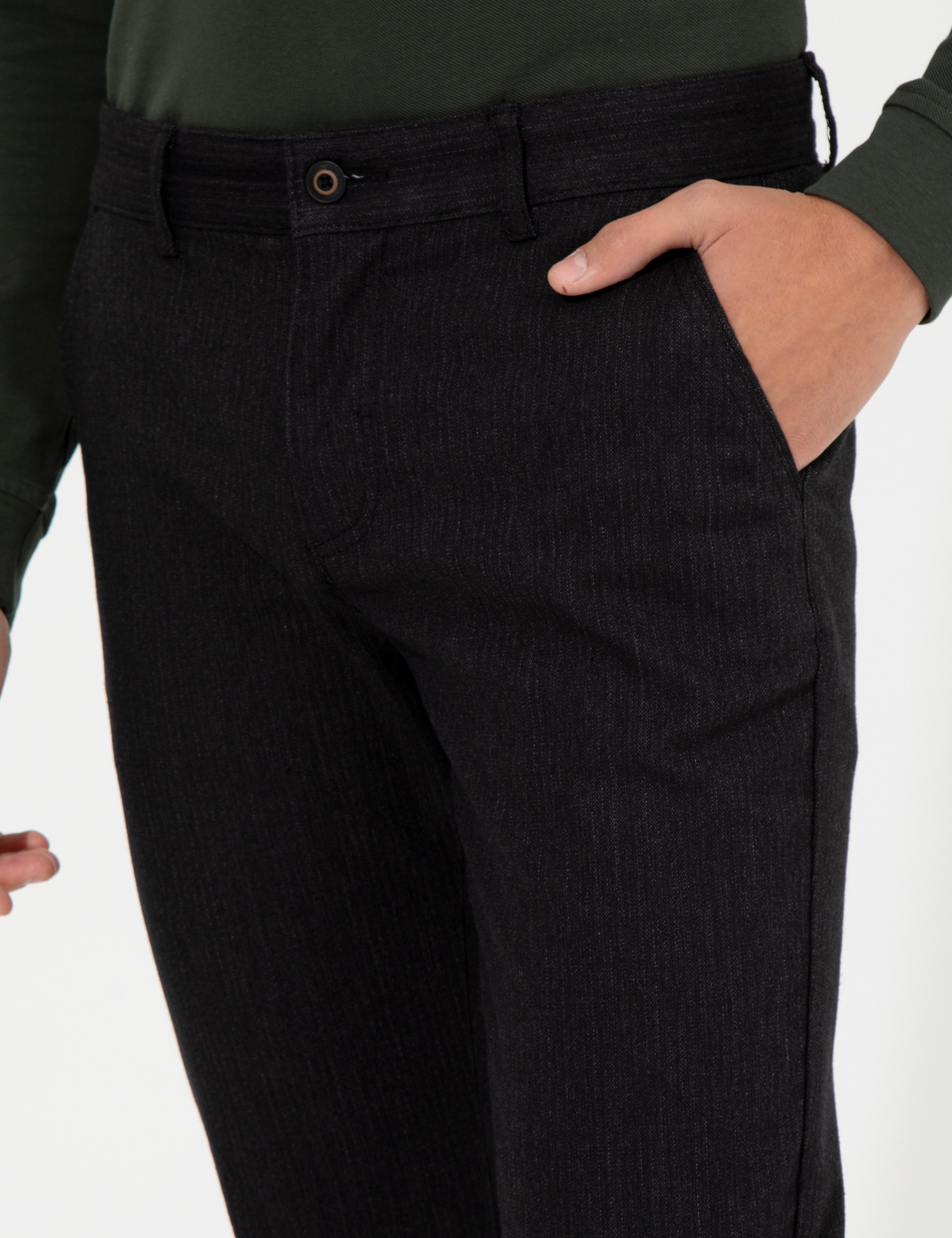 Siyah Slim Fit Keten Karışımlı Chino Pantolon