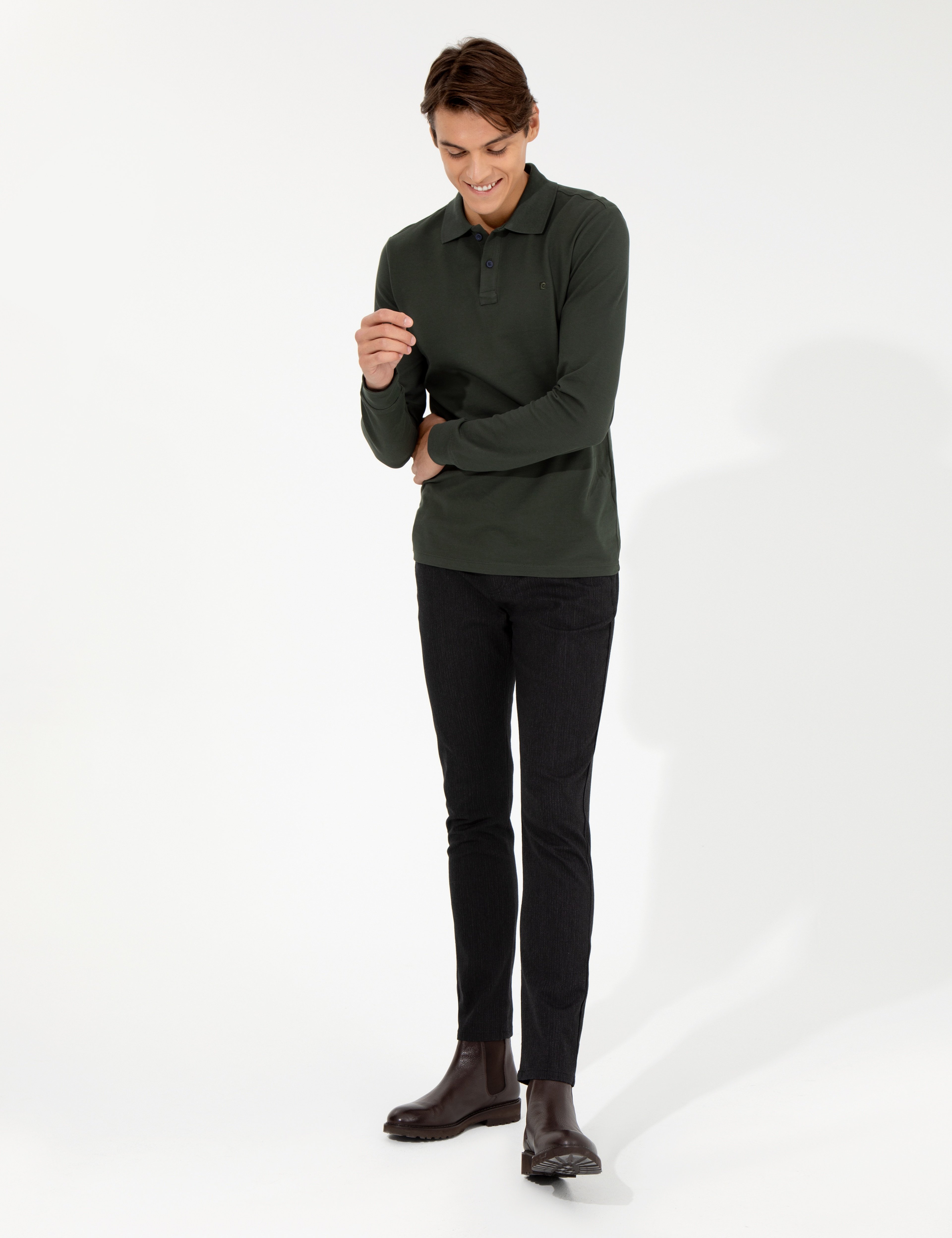 Siyah Slim Fit Keten Karışımlı Chino Pantolon