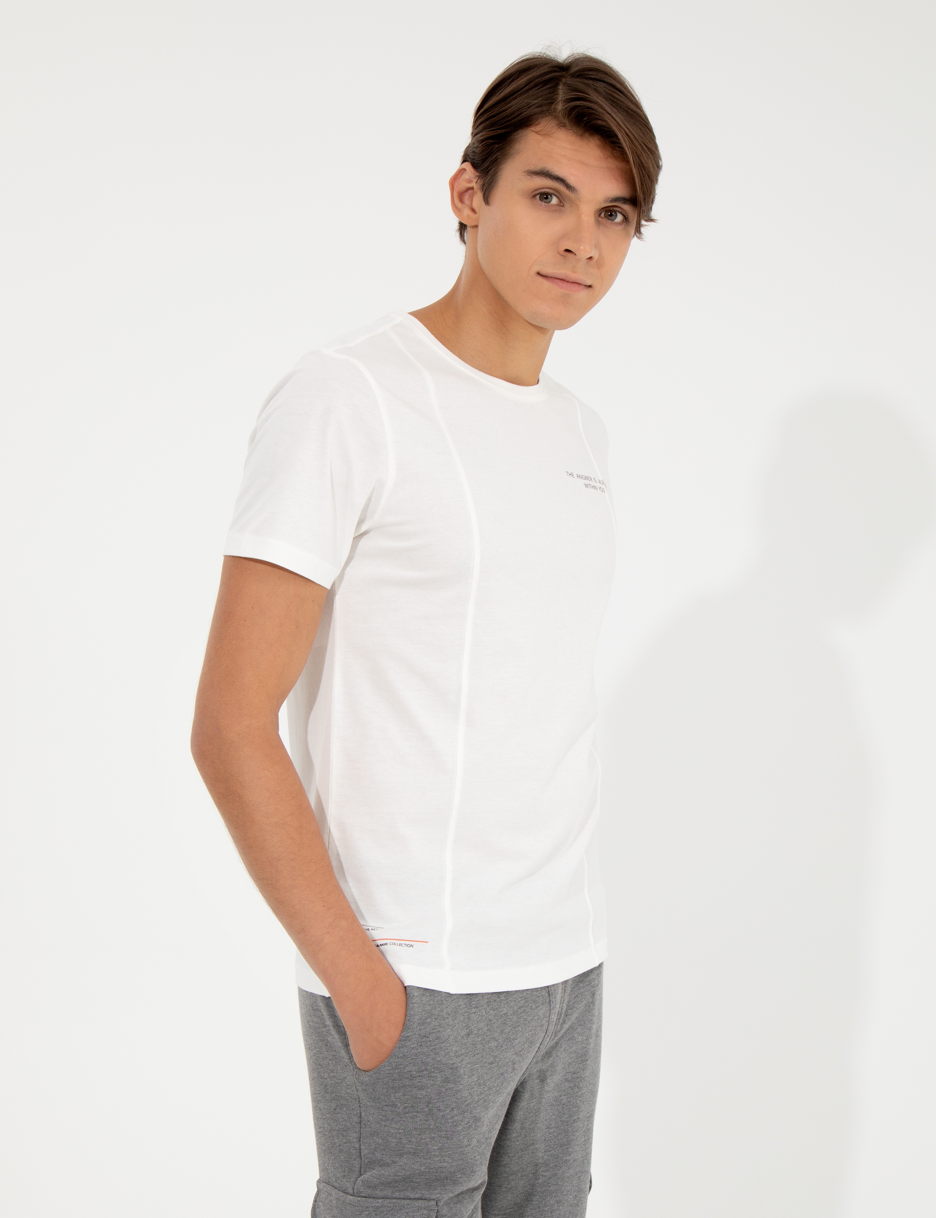 Ekru Slim Fit Bisiklet Yaka Tişört