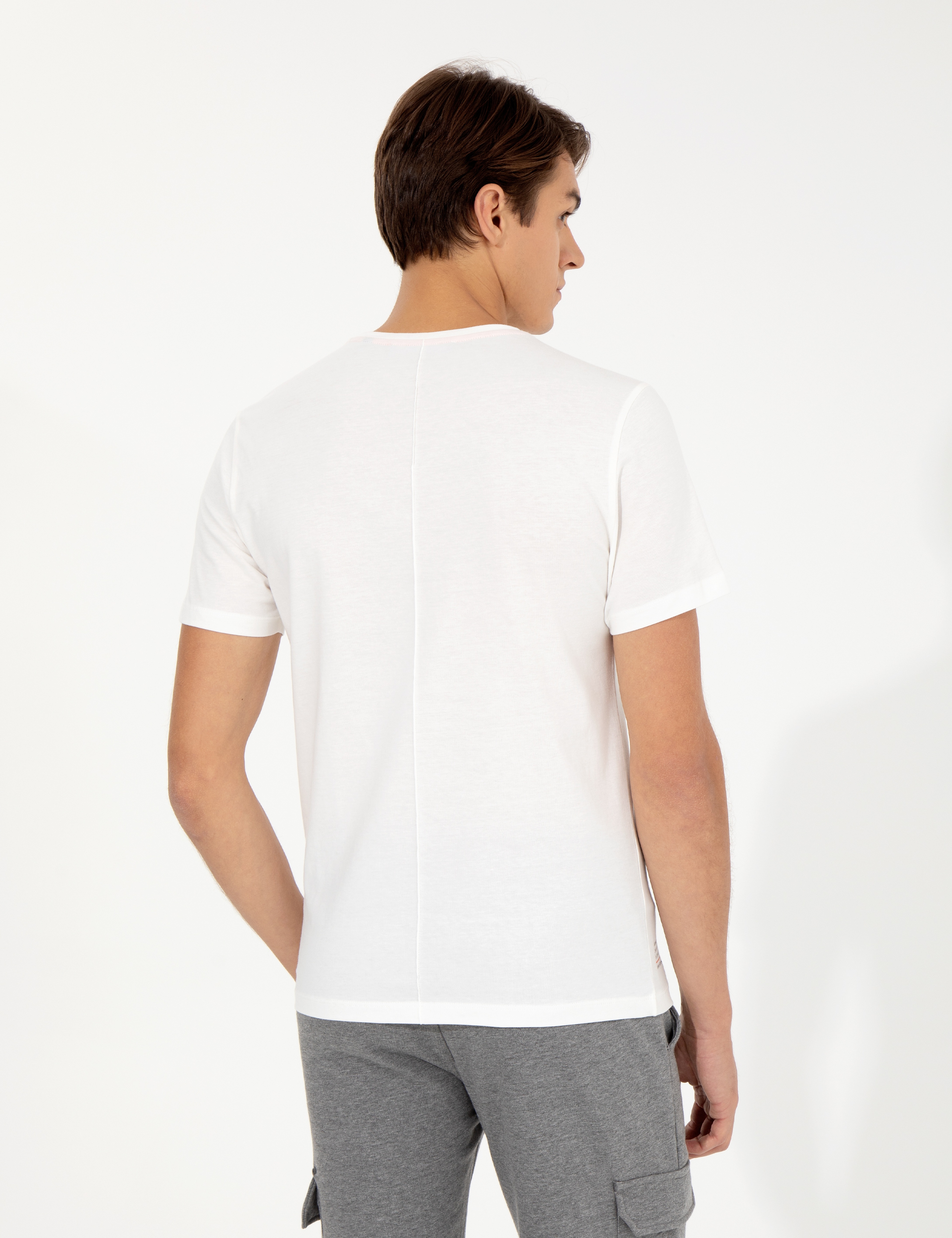 Ekru Slim Fit Bisiklet Yaka Tişört - Image 5