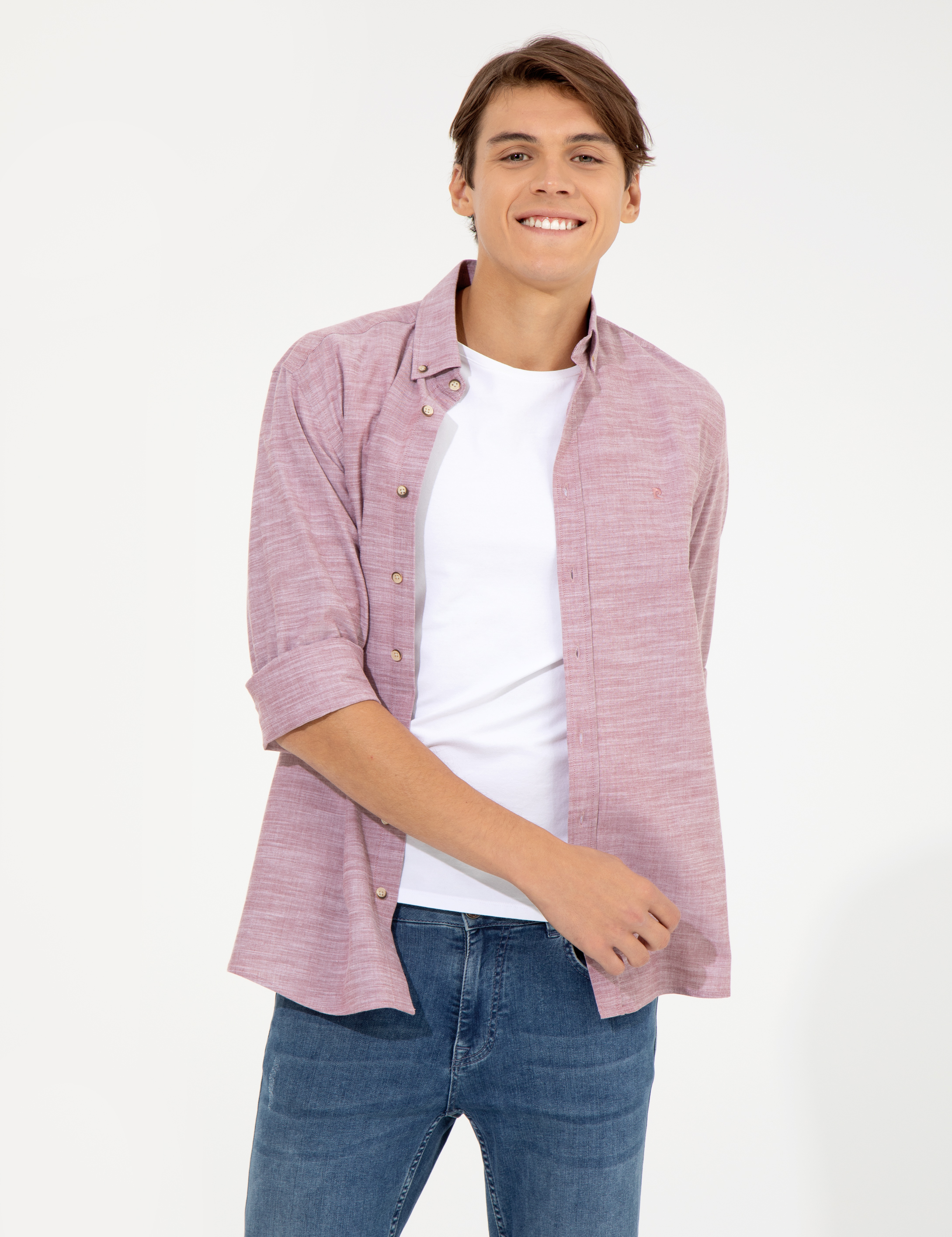 Bordo Slim Fit Keten Görünümlü Gömlek - Image 4