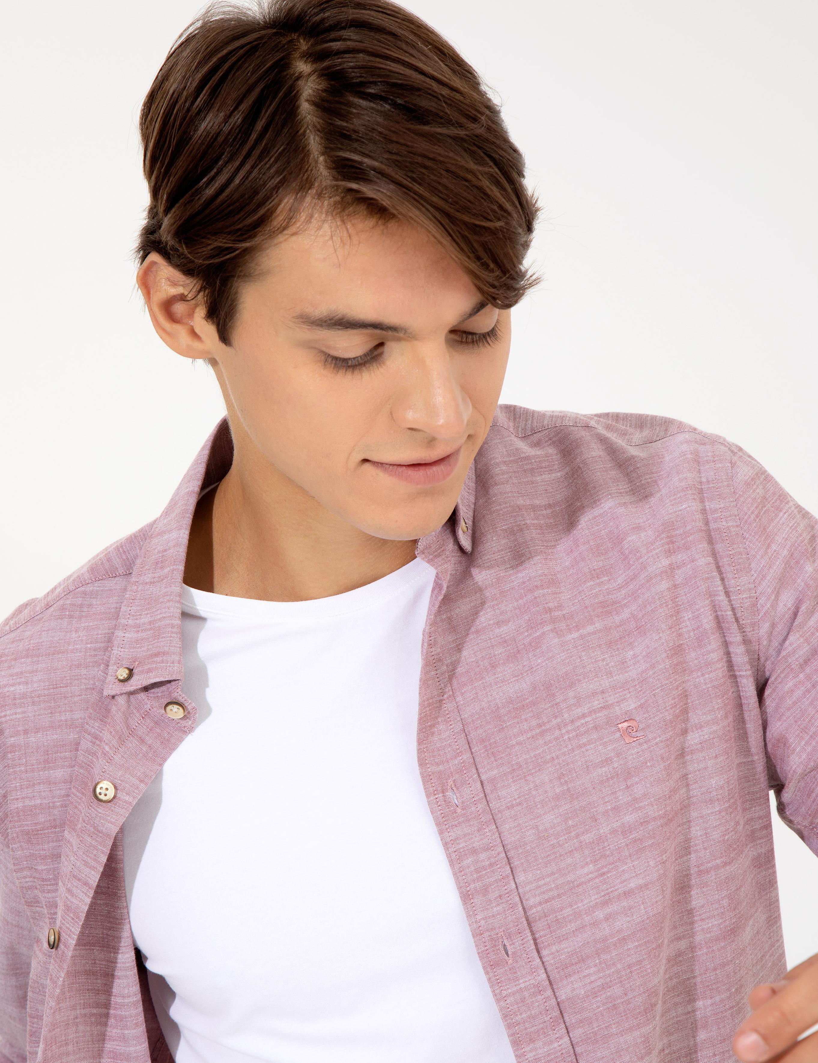 Bordo Slim Fit Keten Görünümlü Gömlek