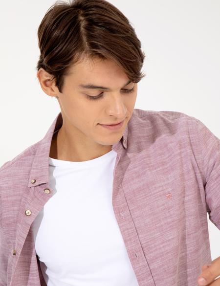 Bordo Slim Fit Keten Görünümlü Gömlek - 50252491032